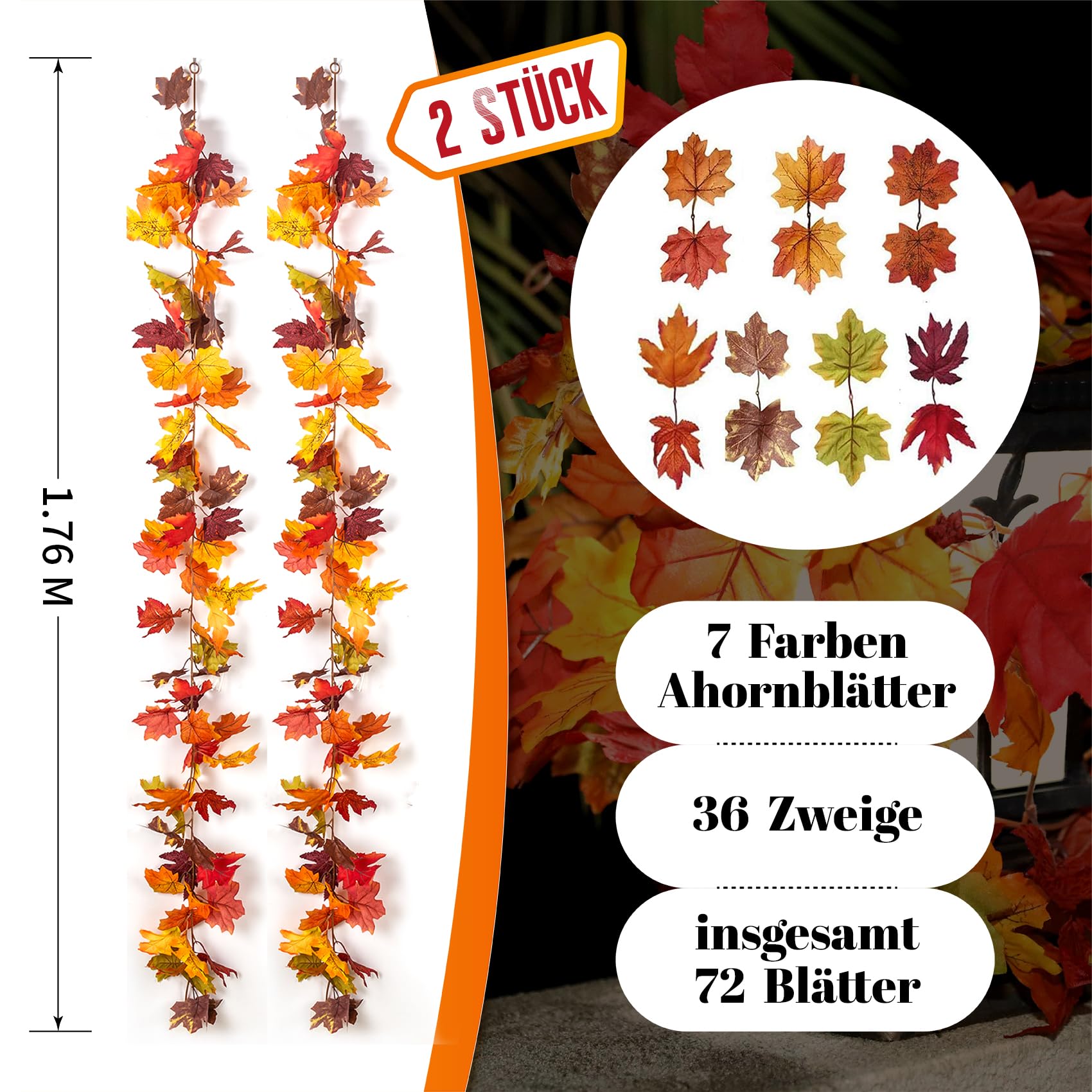 2 Stück Künstliche Herbstgirlande Ahornblätter - Mit Haken Für Deko Drinnen & Draußen