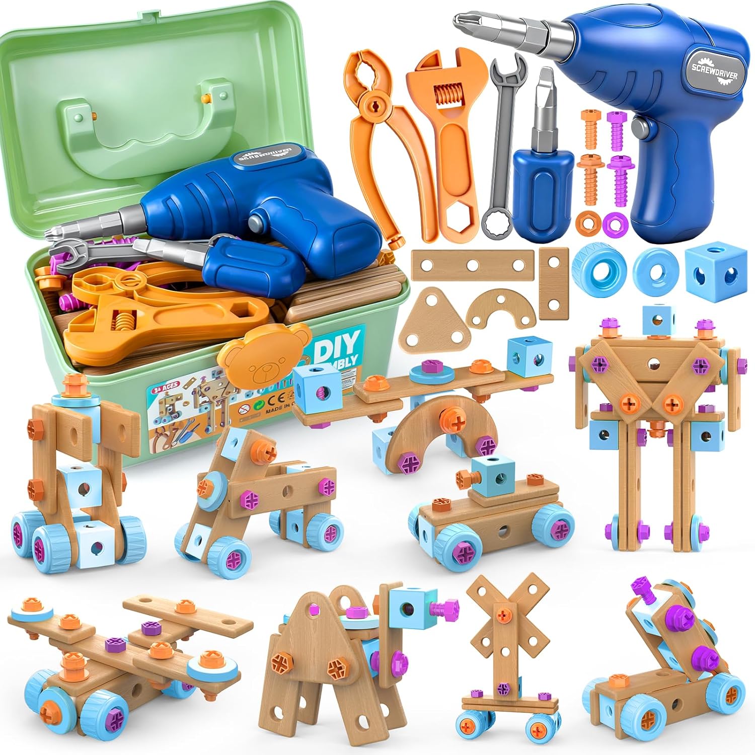 YongnKids Kids Tool Set Construction STEM Building Blocks with Drill Storage Box Educational Tool Kit for Kids Age 3 4 5 6 7 8 Years Birthday Gift