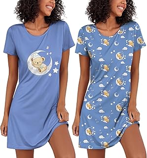 Ekouaer 2 Pack Nightgowns for Women Sleapwear Short Sleeve Night Shirts Soft Sleep Dress Classic NightDress S-XXL