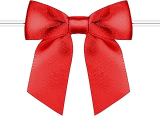 RainbowPana 60 Pack Christmas Luxury Twist Tie Bows, Red 3" Satin Ribbon Pretied Bows, Premade Craft Decoration for Package Cake Pop Basket Favors Cookie Candy, Gift Wrapping Baby Shower Wedding