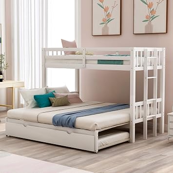 STERXONE Upgraded Version 4 in 1 Wood Twin Over Twin/Full/Queen/King Bunk Bed with Trundle, Twin Pull-Out Bunk Bed Frame with Ladder and Safety Rail, Can be Extendable from Twin to King Size White
