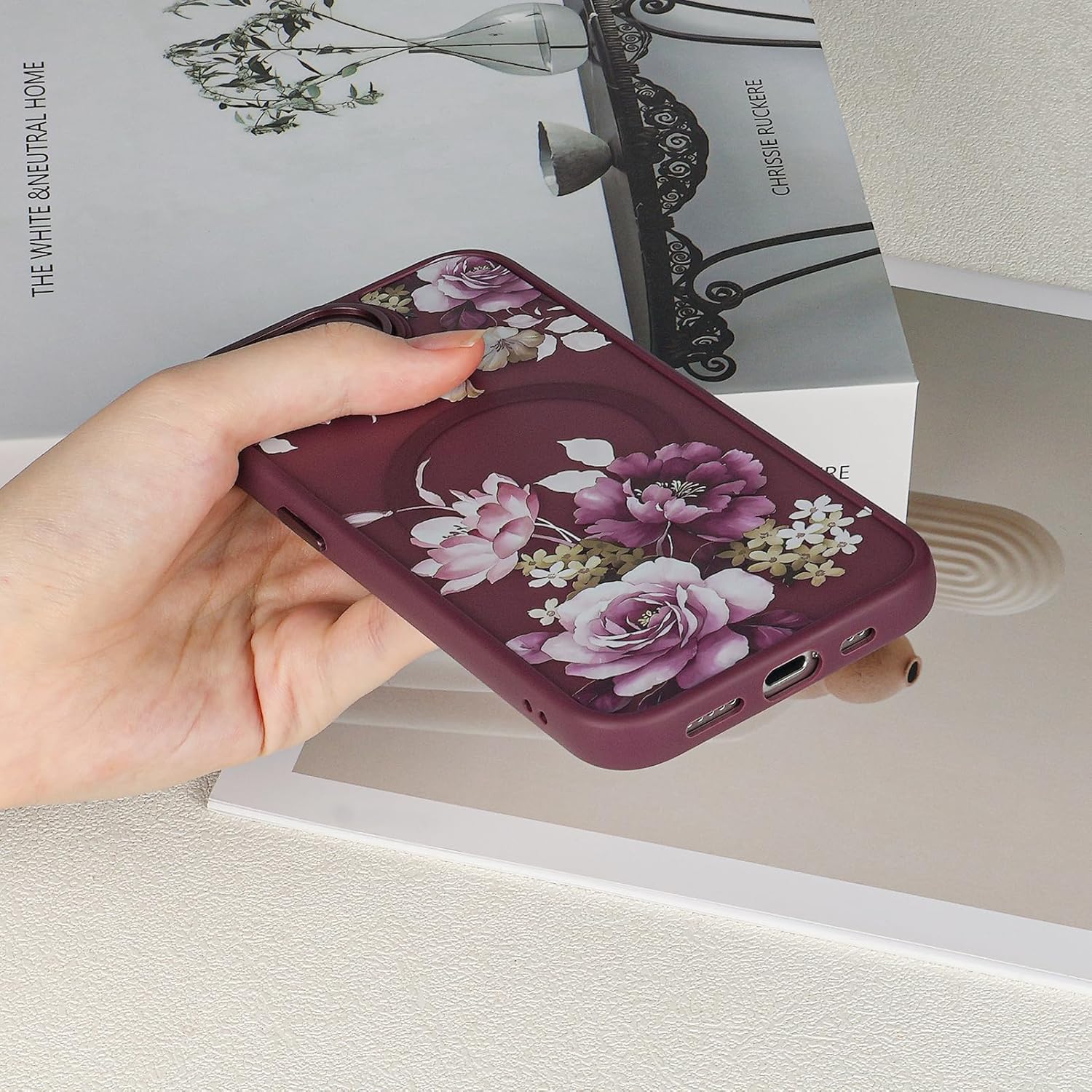 Compatible with iPhone 16E Magnetic Matte Translucent Black Case,Cute Flower Pattern Hard Back Cover and Luxury Shockproof Magnetic iPhone 16E Case for Women Girl-Big Flowers - Image 5