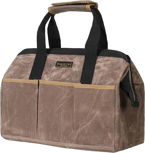 Miniatura 13 de Bolsa de herramientas, 13 pulgadas, lona encerada resistente de 16 onzas, boca ancha, bolsa de herramientas resistente al agua, bolsa de transporte