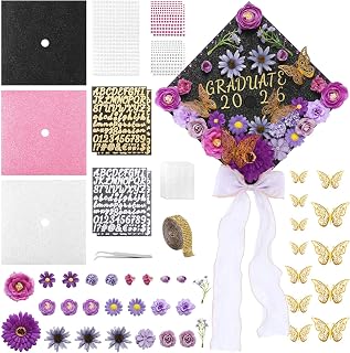 Harsever 48Pcs Graduation Cap Decorations DIY Kit,Grad Cap Decorations Decor with Faux Flower 3D Butterfly Rhinestones Alphabet Letter Stickers for DIY Graduation Party Supplies(Lavender)