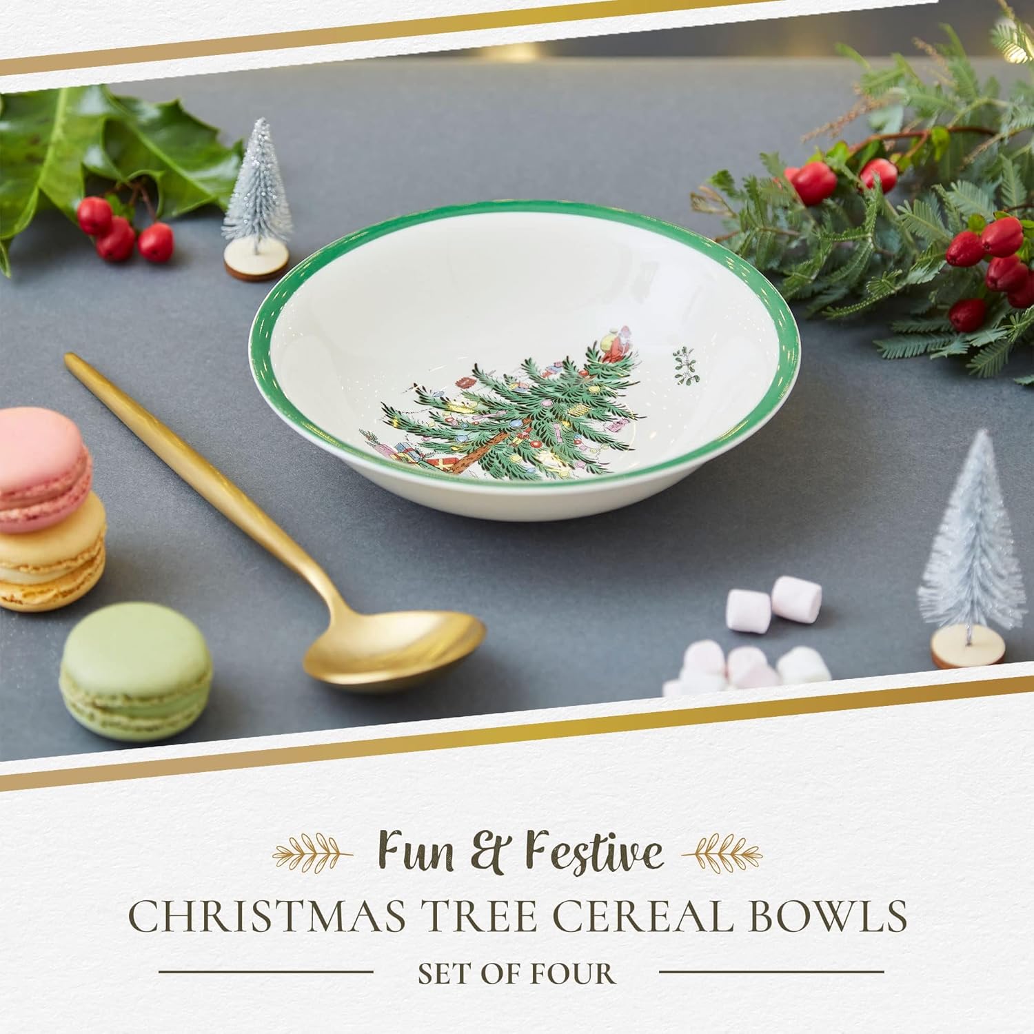 Portmeirion Spode Christmas Tree 5.5-Inch Cereal Bowl Set, Set of 4 - Bowls for Breakfast, Oatmeal, Cereal, Soup - Festive Bowls with Classic Christmas Tree Design - Dishwasher & Microwave Safe