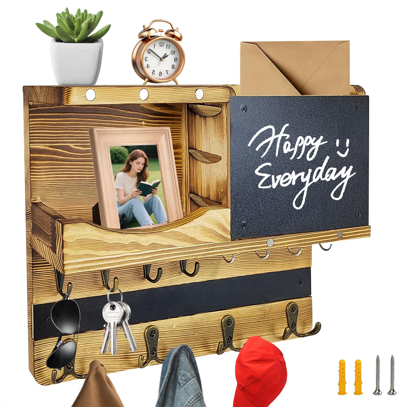 Porta Llaves de Pared de Madera con Compartimento de Almacenamiento, 8 Ganchos y 4 Ganchos Dobles, con Tablón de Anuncios, Apto para Llaves, Sombreros, Ropa, Bolsos