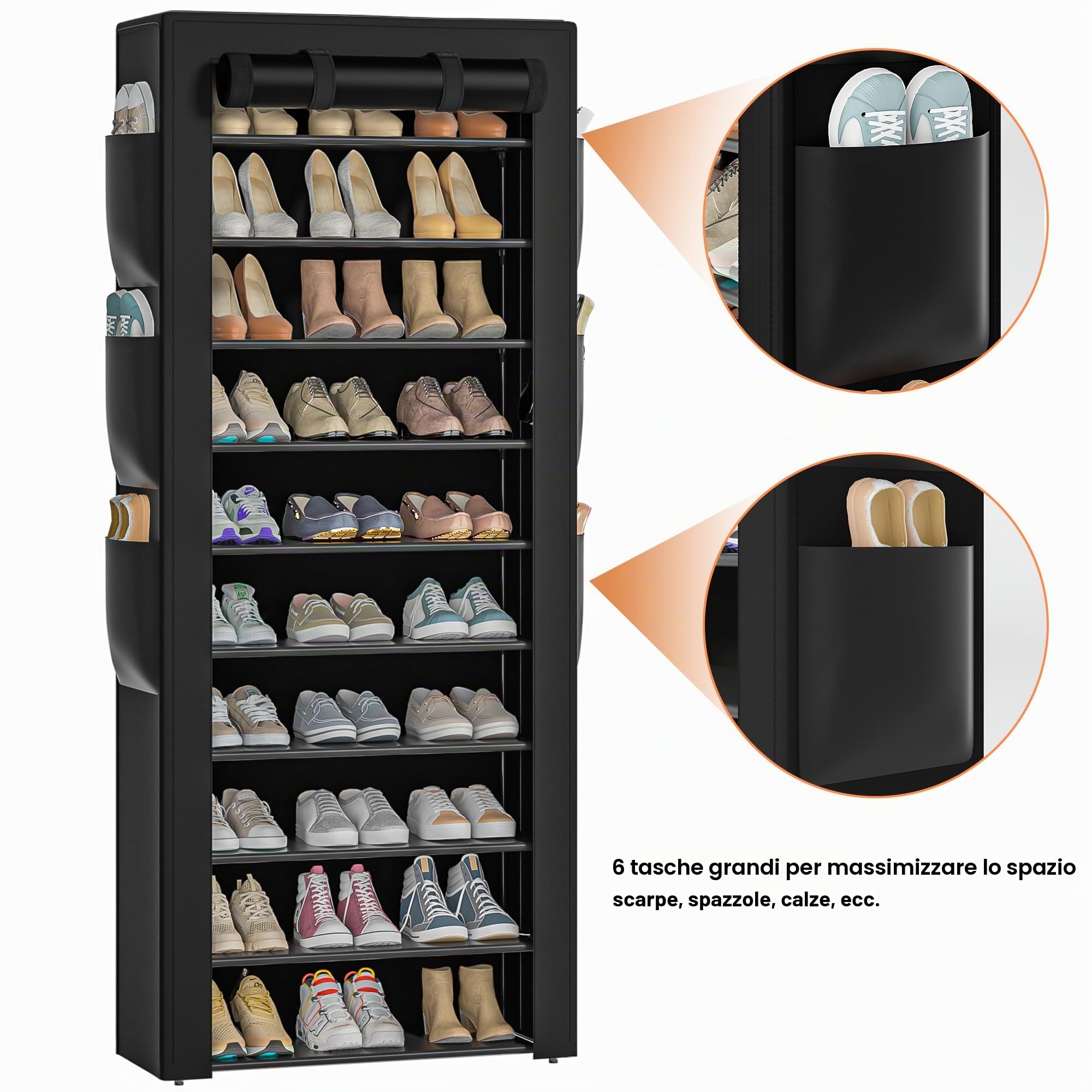 OYREL Scarpiera con coperchio, 10+1 livello, 36-41 paia con 6 tasche laterali | Salvaspazio antipolvere grande capacità di stoccaggio scarpe per armadio ingresso, robusto organizer per scarpe scaffale nero