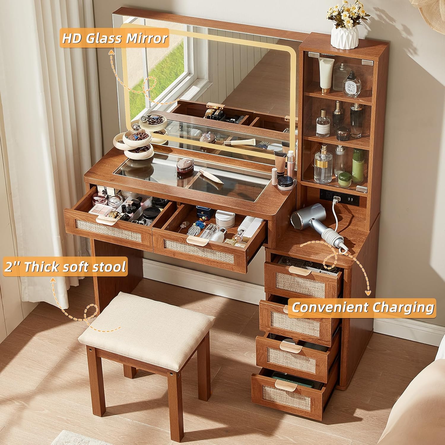 LEYAOYAO Fluted Makeup Vanity Desk with Mirror and Lights, 43.5'' Blue Vanity Table with Glass Top and Power Outlet, Make Up Vanity with 6 Drawers and Adjustable Shelves for Bedroom