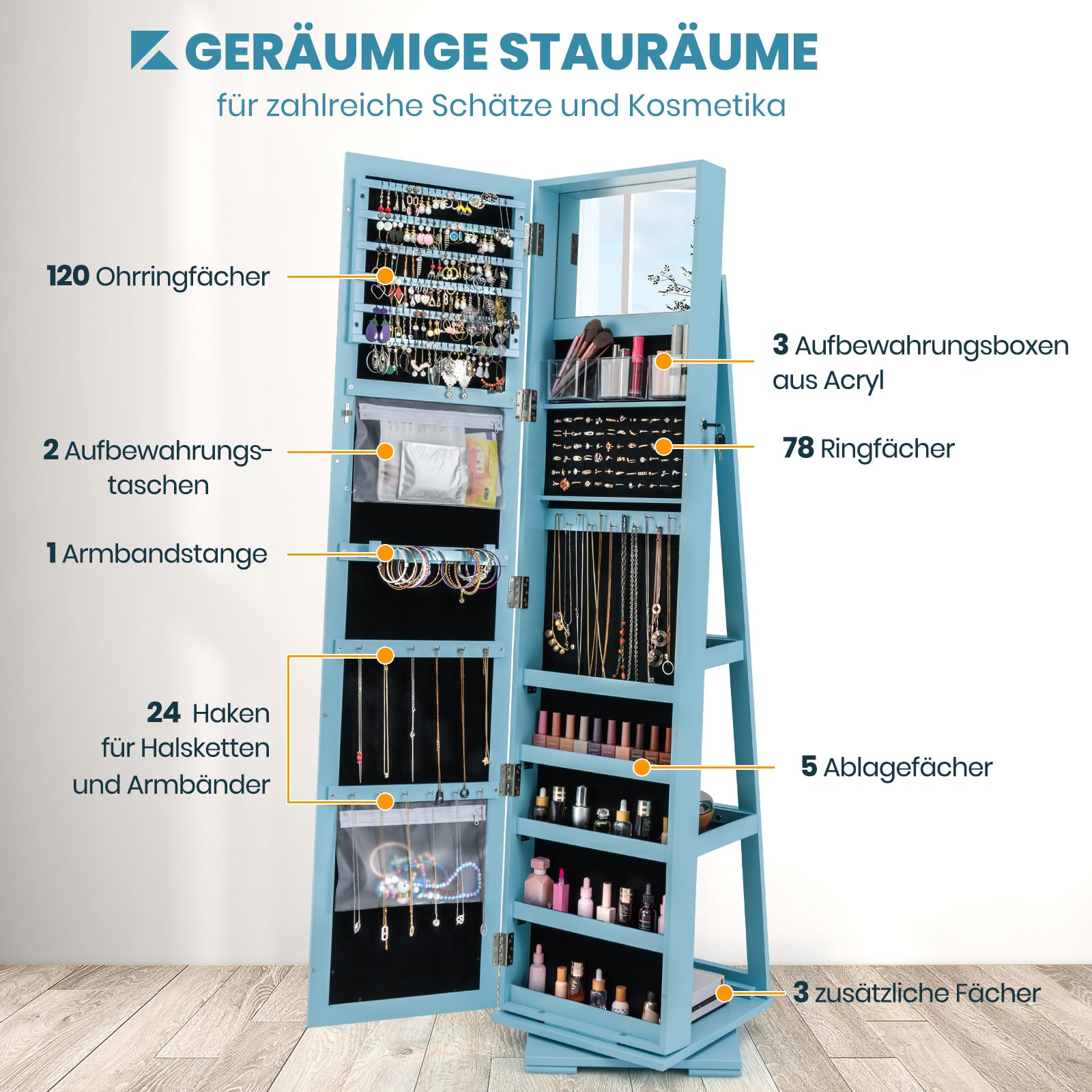 GOPLUS 3 in 1 Schmuckschrank mit spiegel, Spiegelschrank stehend, 360°drehbar, abschließbar, Standspiegel Schmuck Organizer mit großem Stauraum & Ablagefächern für Schlafzimmer (Blau)