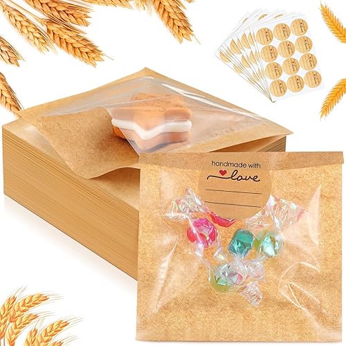 Outus 100 bolsas de empaque para galletas con sello, bolsas de panadería de 3 x 3 pulgadas con ventana, papel resistente a la grasa termosellable