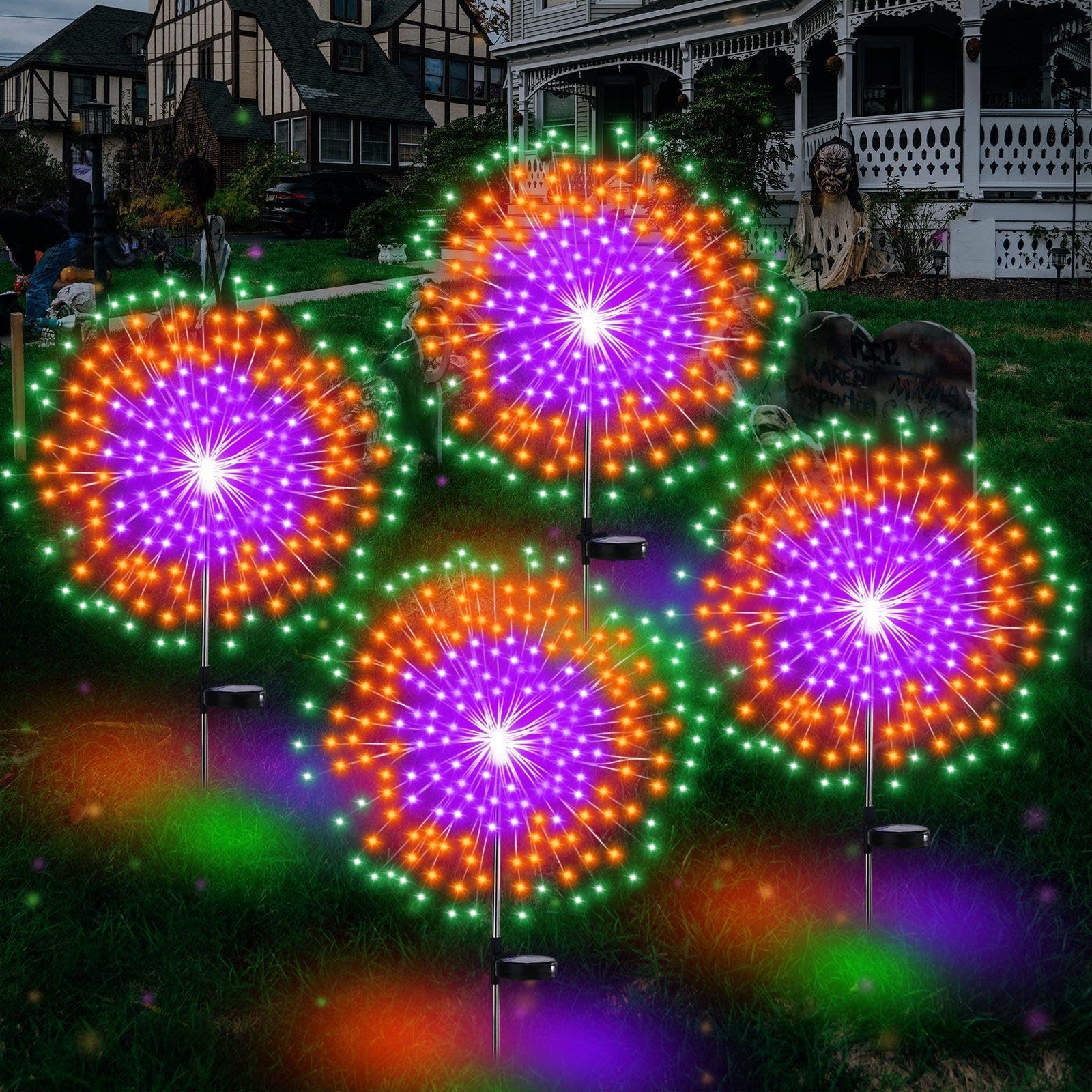 Tujoe Halloween Decoration Outdoor 4 Pack Solar Firework Light with 180 LED Halloween Solar Lights 8 Lighting Modes for Yard Garden Pathway Party Decoration(Green, Orange, Purple)