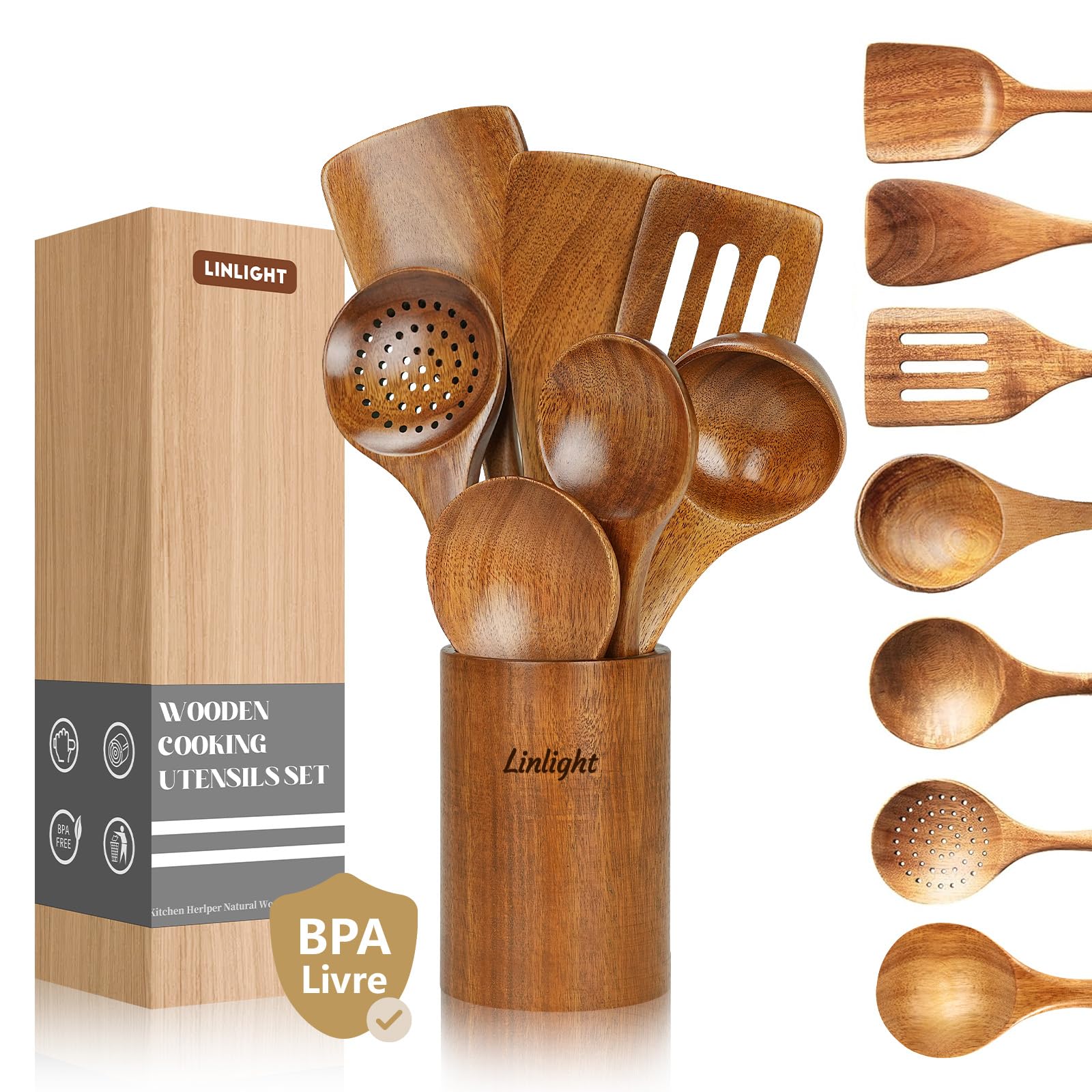 Kit 8 Colher de Pau Jogo de Utensílios de Cozinha Madeira Premium | Leve Resistente
