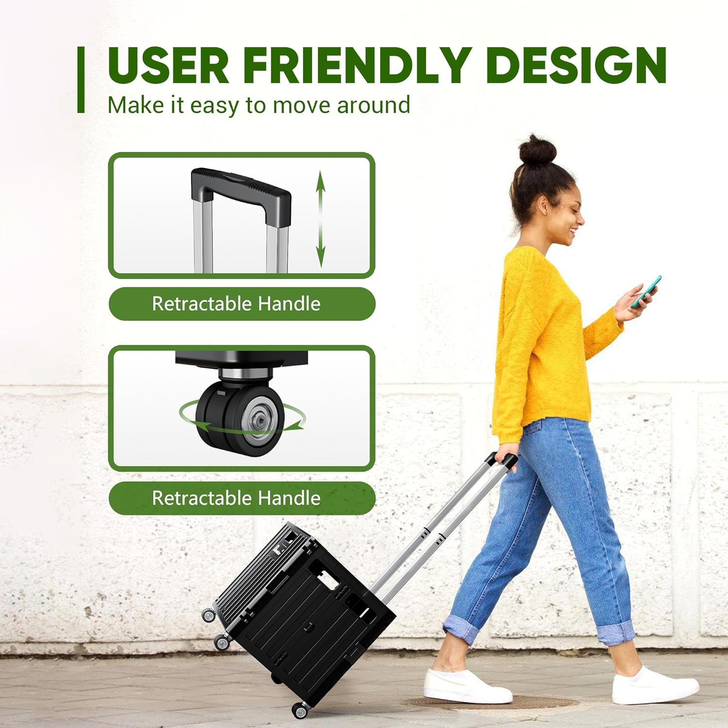 Folding Utility Cart with Lid, Portable Rolling Crate Handcart Collapsible Shopping Trolley, Durable Plastic Foldable Tool Basket with 4 Rotate Wheels for Grocery, Office, Luggage, School - Black