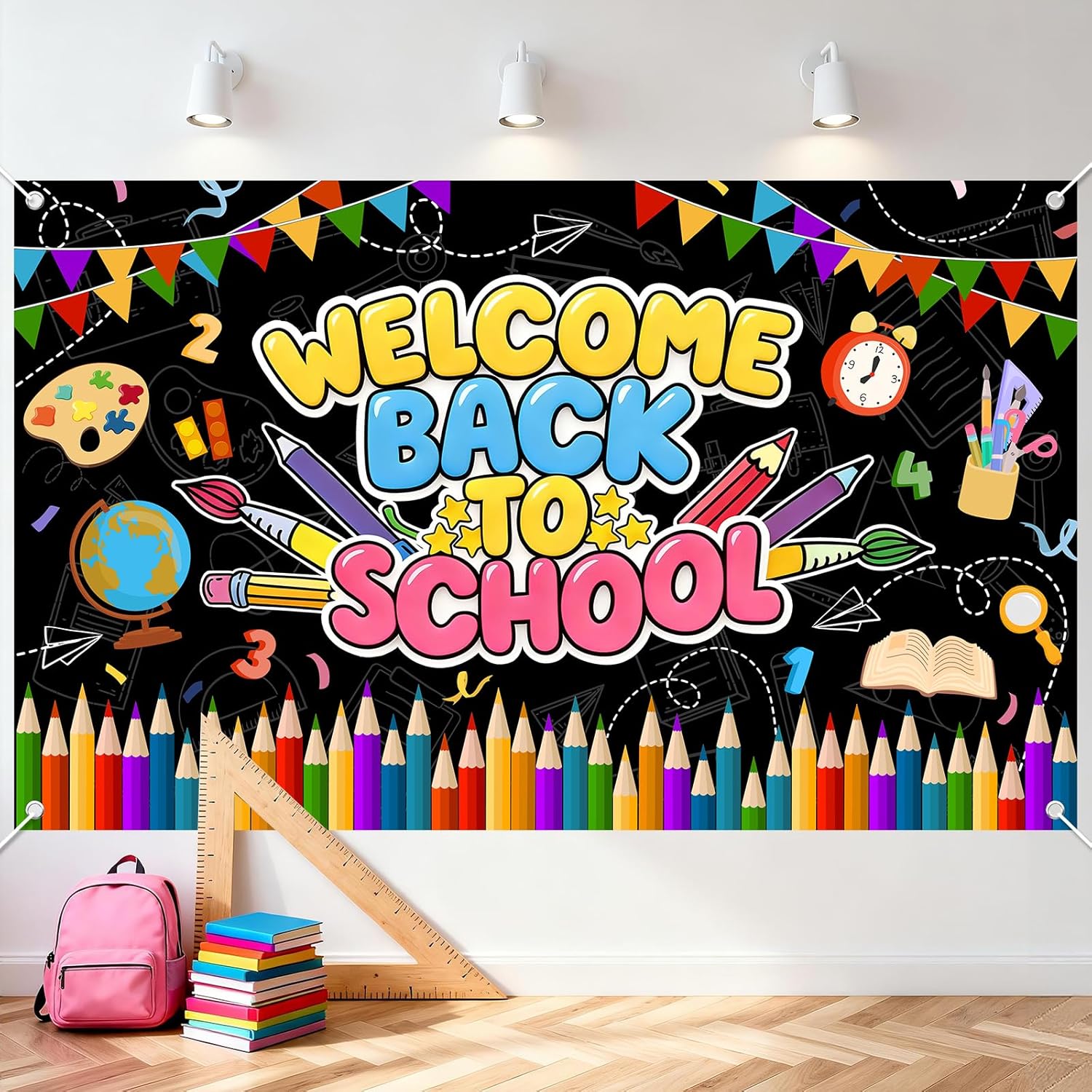 Avezano Welcome Back to School Banner Black Welcome Back to School Decorations First Day of School Backdrop School Classroom Decorations Supplies (6 x 3.6 ft)
