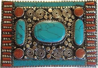 Rectangle Design Belt Buckle Inlaid Coral & Turquoise Stones German Silver Buckle Size 3 inches by 2 inches