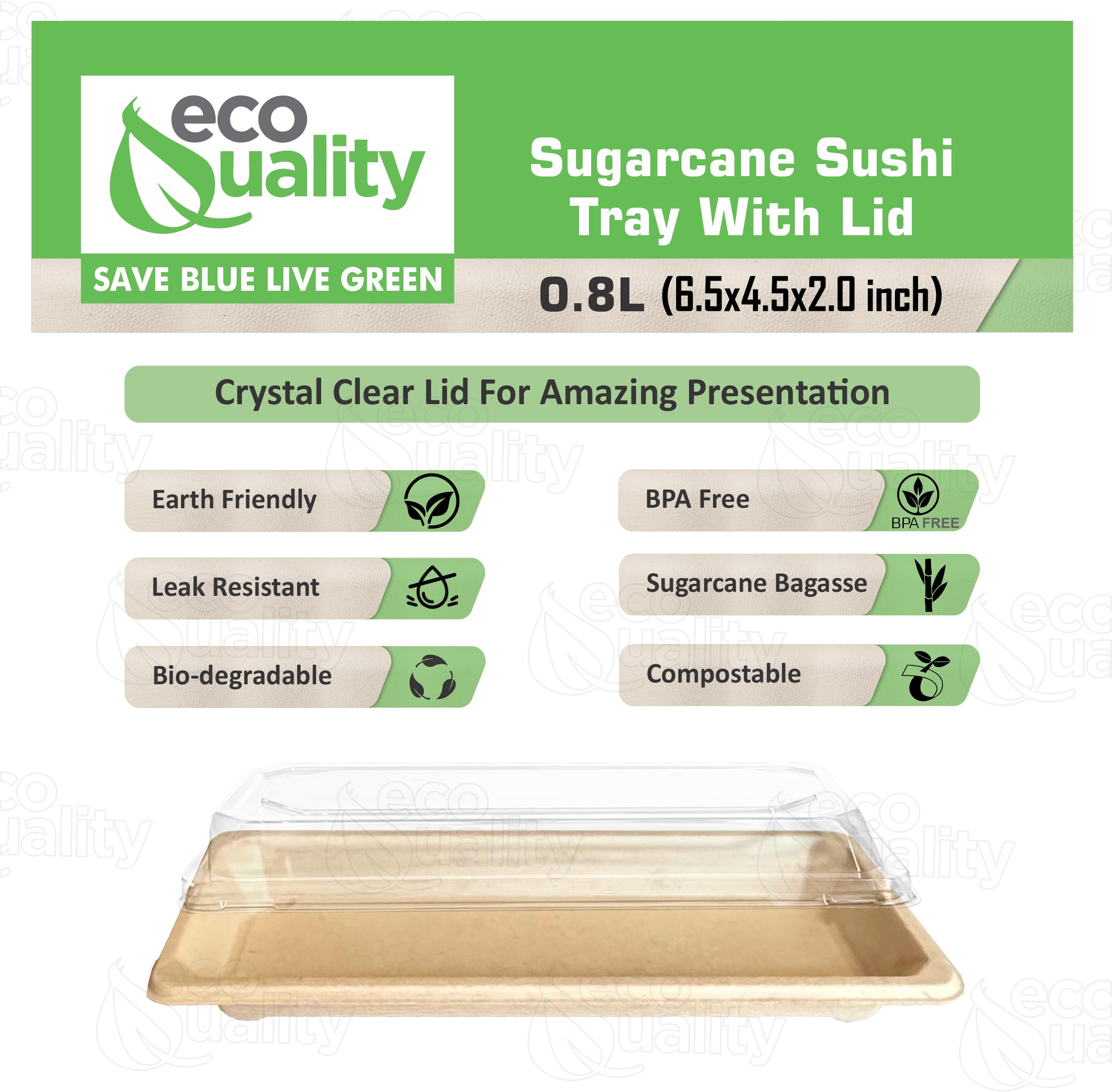 EcoQuality Medium Compostable Sushi Trays with Lids - Natural Sugarcane Bagasse Take Out Sushi Container - Biodegradable, Disposable Sushi Plate with Lid, Eco Friendly, To go, Serving Tray (25)