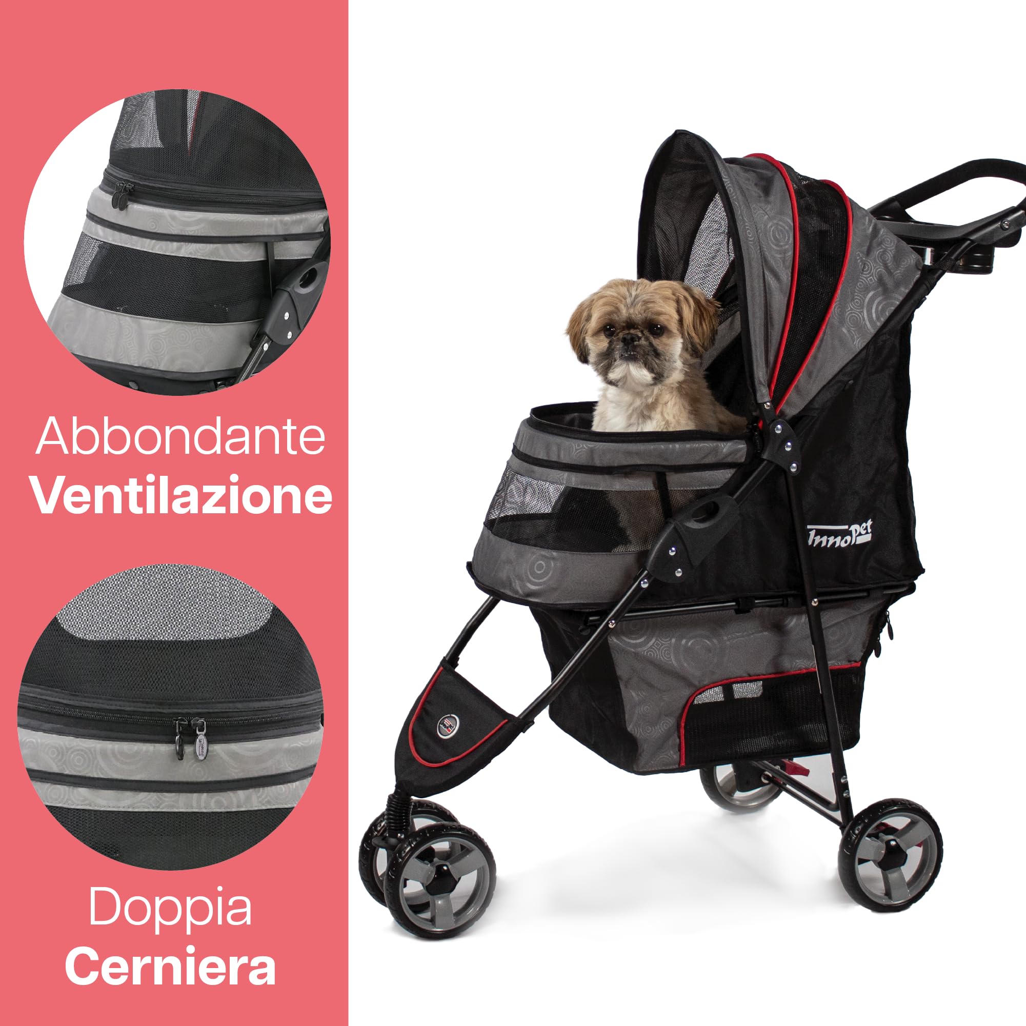 Passeggino leggero Innopet Avenue per cani e gatti, grigio/rosso - Passeggino urbano compatto per animali domestici con copertura antipioggia, cinture di sicurezza e cestino portaoggetti