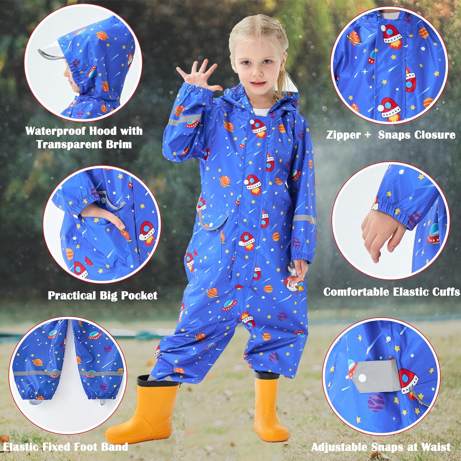 Kids Toddler Rain Suit for Boys Girls One Piece Hoodie Zipper Cartoon Waterproof Coverall Rain Jacket 1-10 Years - Image 2