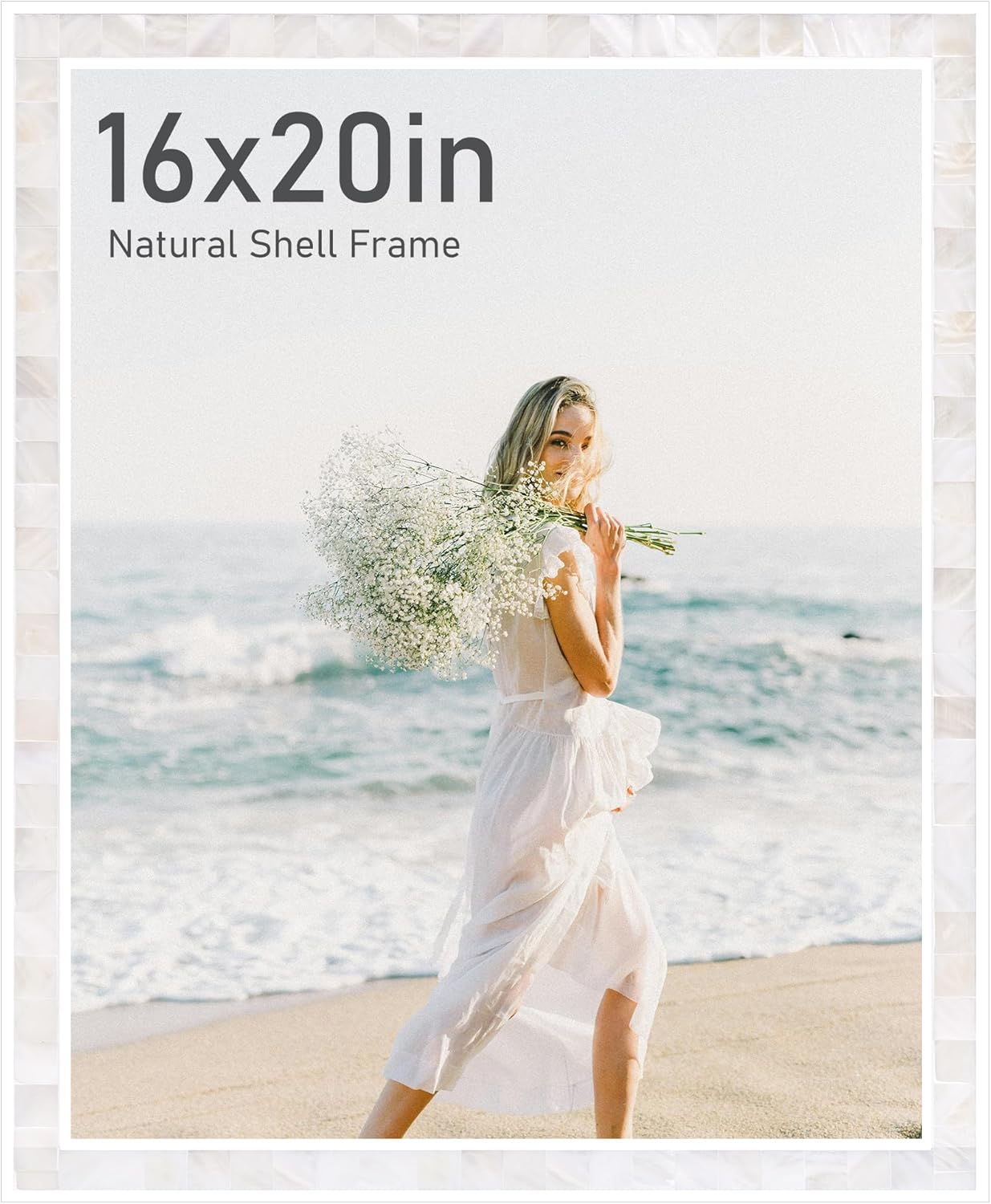Tanmicoshomy 16x20 White Picture Frames for Wall, Natural Shell Inlay Mosaic Beachy Wedding Photo Frames Display 16x20 Photo Without Mat(16x20inch, White,1pc)