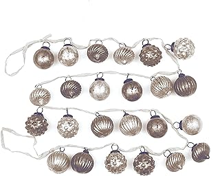 Creative Co-Op Distressed White & Grey Embossed Mercury Glass Ornament Fabric String Garland, Multicolor