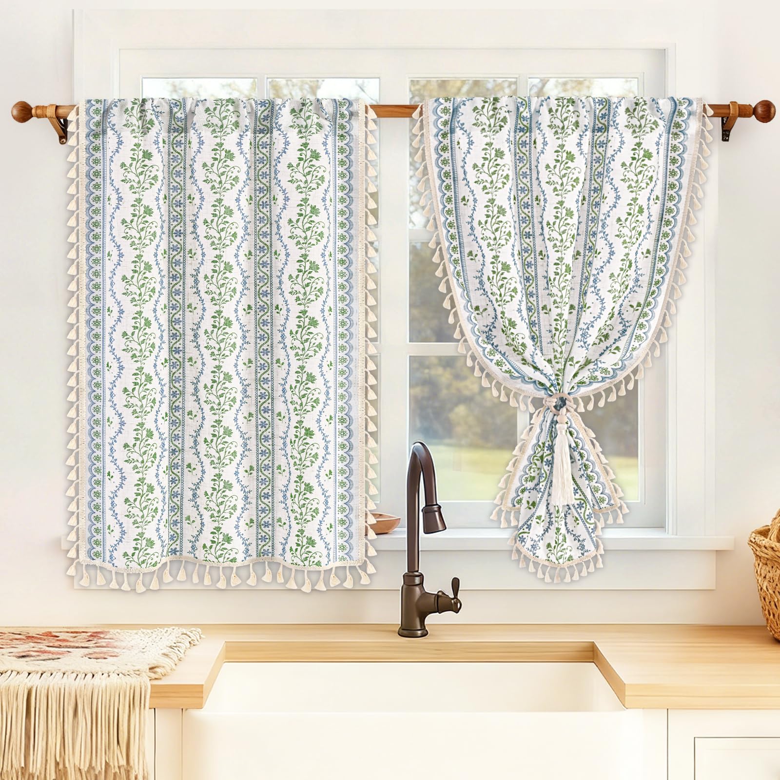 Yinhua Boho Kitchen Curtains 36 Inch Length Vintage Linen Cafe Curtains Light Filtering Bohemian Floral Tier Rod Pocket Farmhouse Rustic Tassel Small Drapes with Tiebacks, 2 Panels, Blue Green Floral