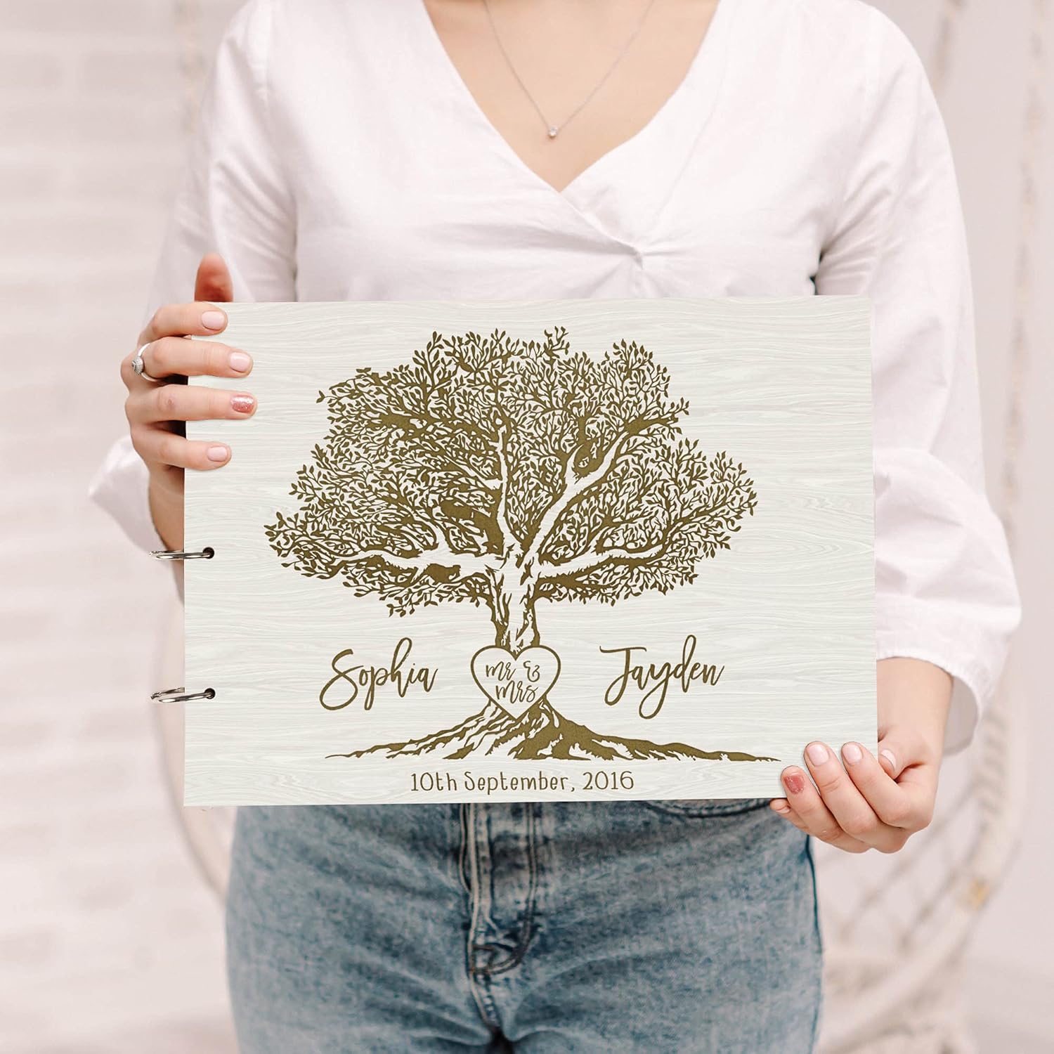 Darling Souvenir Personalized Engraved Laser Cut Wedding Guest Book Wooden Cover Sign-in Book Registry Guestbook Scrapbook-NM