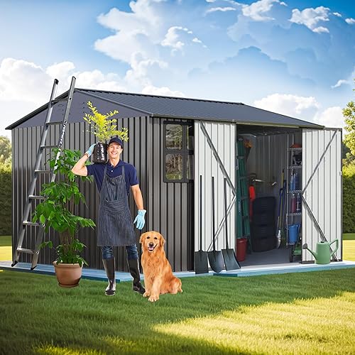 EMKK Cobertizo de almacenamiento para exteriores de 10 x 8 pies, kit de cobertizos de jardín de metal de acero galvanizado con puerta doble con