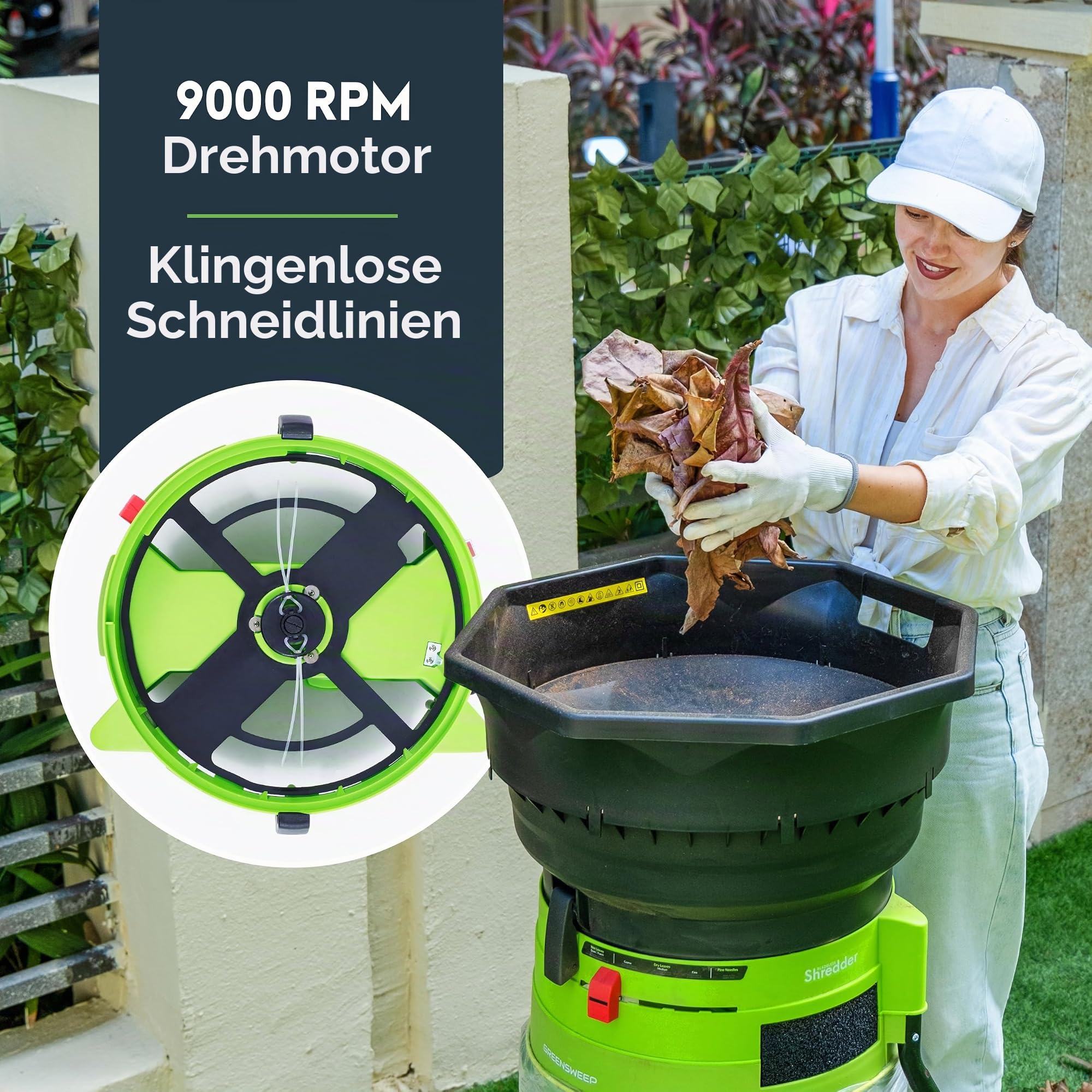 GreenSweep XL Messerloser Laubhäcksler & Mulcher 15 Ampere 9.000 U/min Motor 18:1 Reduktionsverhältnis