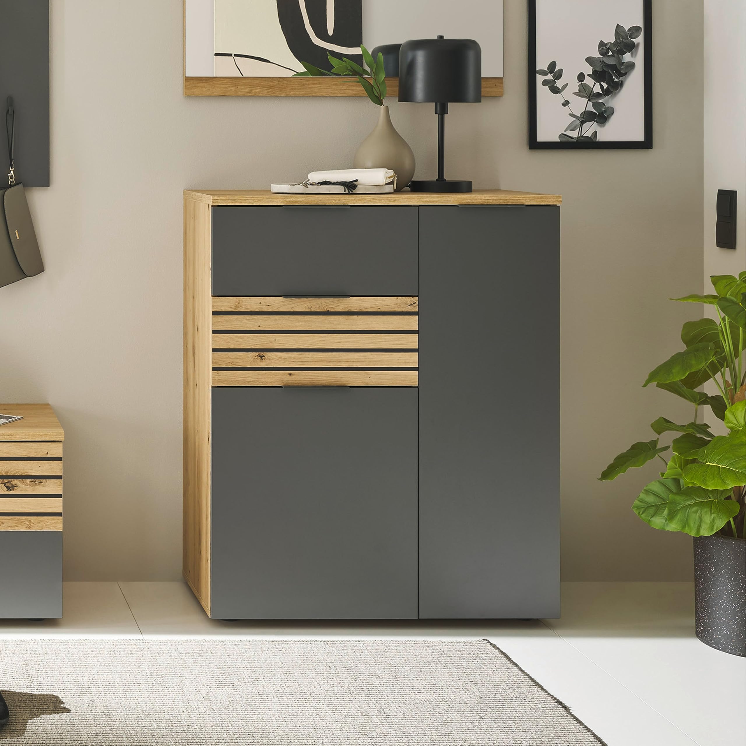 36-023-T2 Garderobenschrank MILAN Kommode für Schuhe Artisan Eiche Nb. / grau ca. 85 x 103 x 38 cm Küche, Haushalt & Wohnen