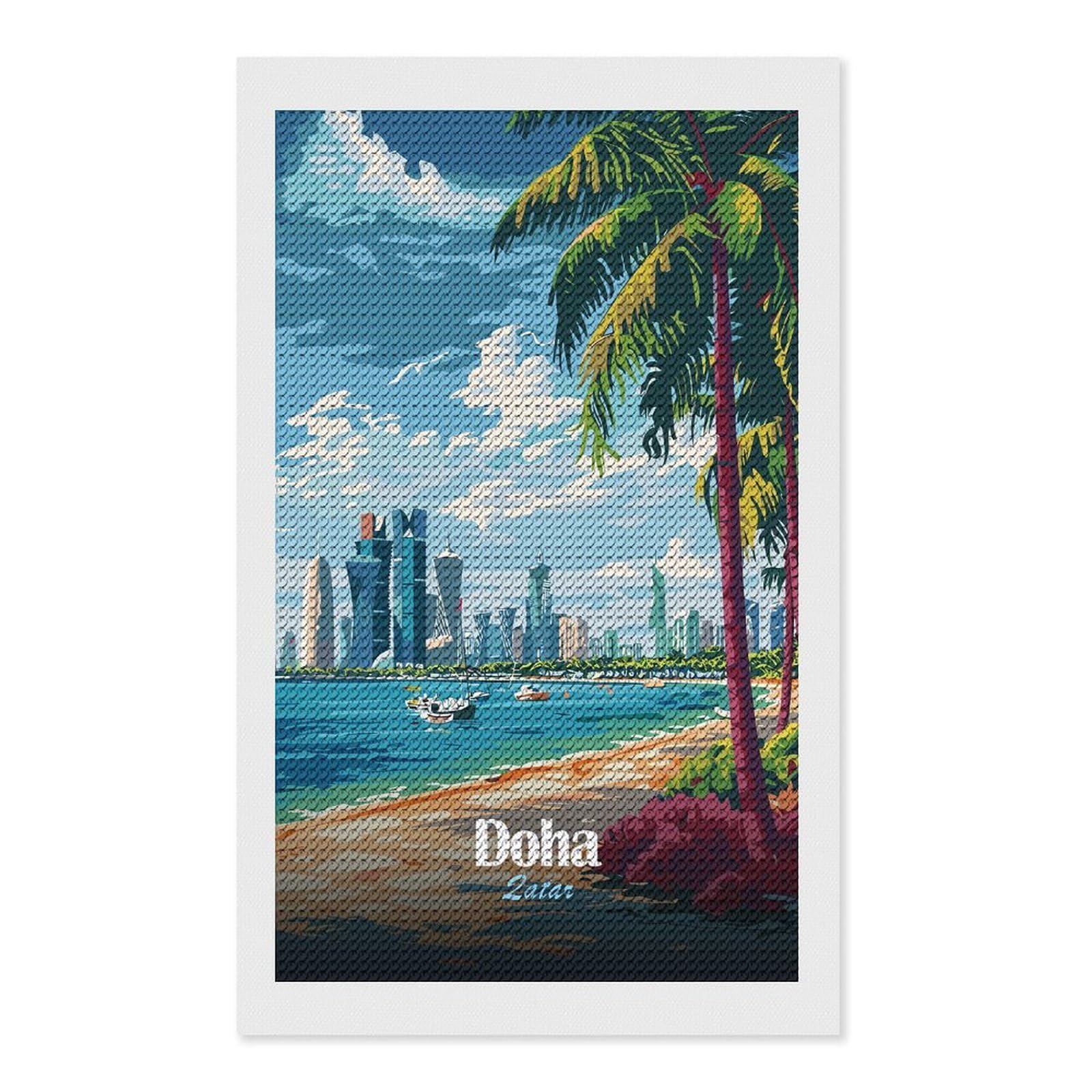 Junmoney Doha, Qatar Beach and Skyline Crystal Diamond Art Kit 12"x20", Round Gems, Detailed Printed Canvas, Creative Gift Idea, Vintage Style Decor