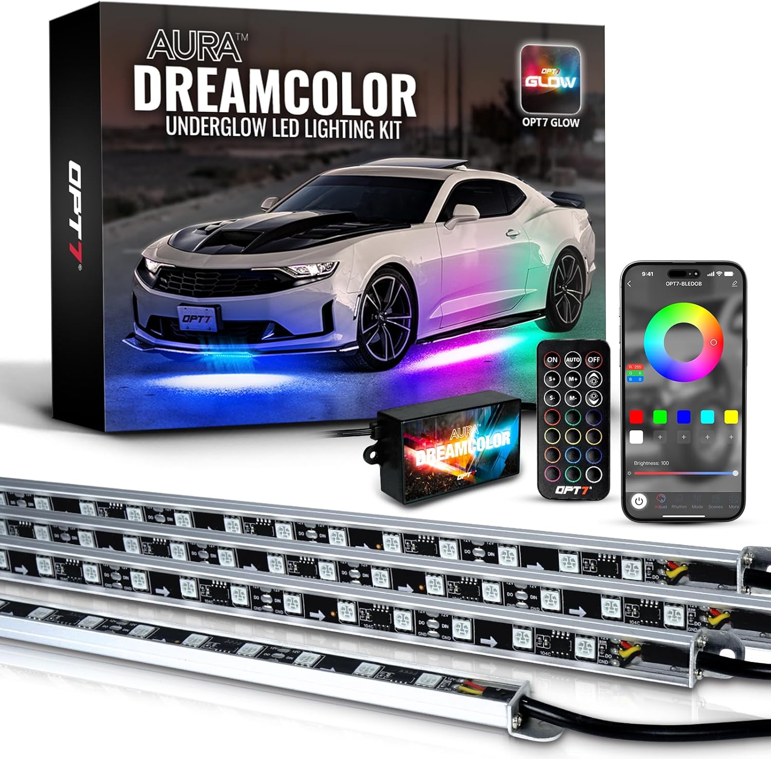 OPT7 Aura DreamColor Underglow Chasing Lights for Car with APP & Remote Control, Waterproof Rigid Aluminum LED Light Bar, 12V Exterior Neon Accent Underbody RGBIC Light Kit, Multicolor Easter Decor