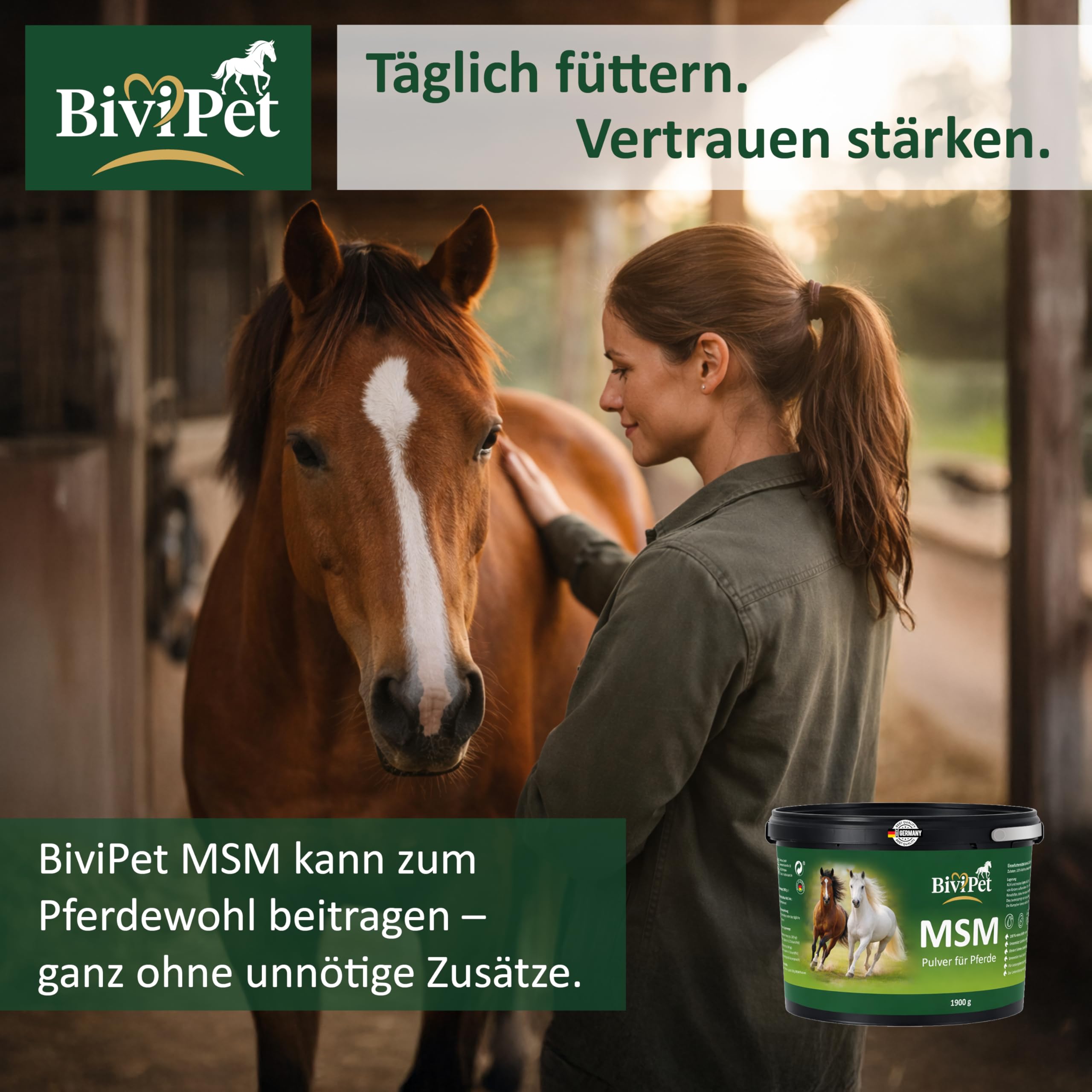 MSM Pulver für Pferde – 1,9 kg | 100% reines MSM ohne Zusätze | Für Gelenke, Beweglichkeit, Sehnen & Hufe | Eimer mit Henkel inkl. Dosierlöffel | Made in Germany
