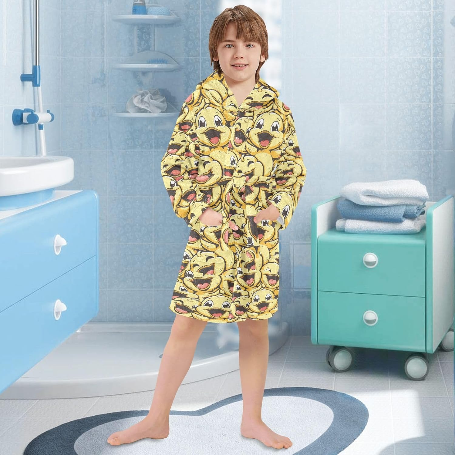 senya Duck Head Toddler Hooded Bathrobe Kids Soft Plush Bath Towel Robes for Boys Girls 2-12 Years