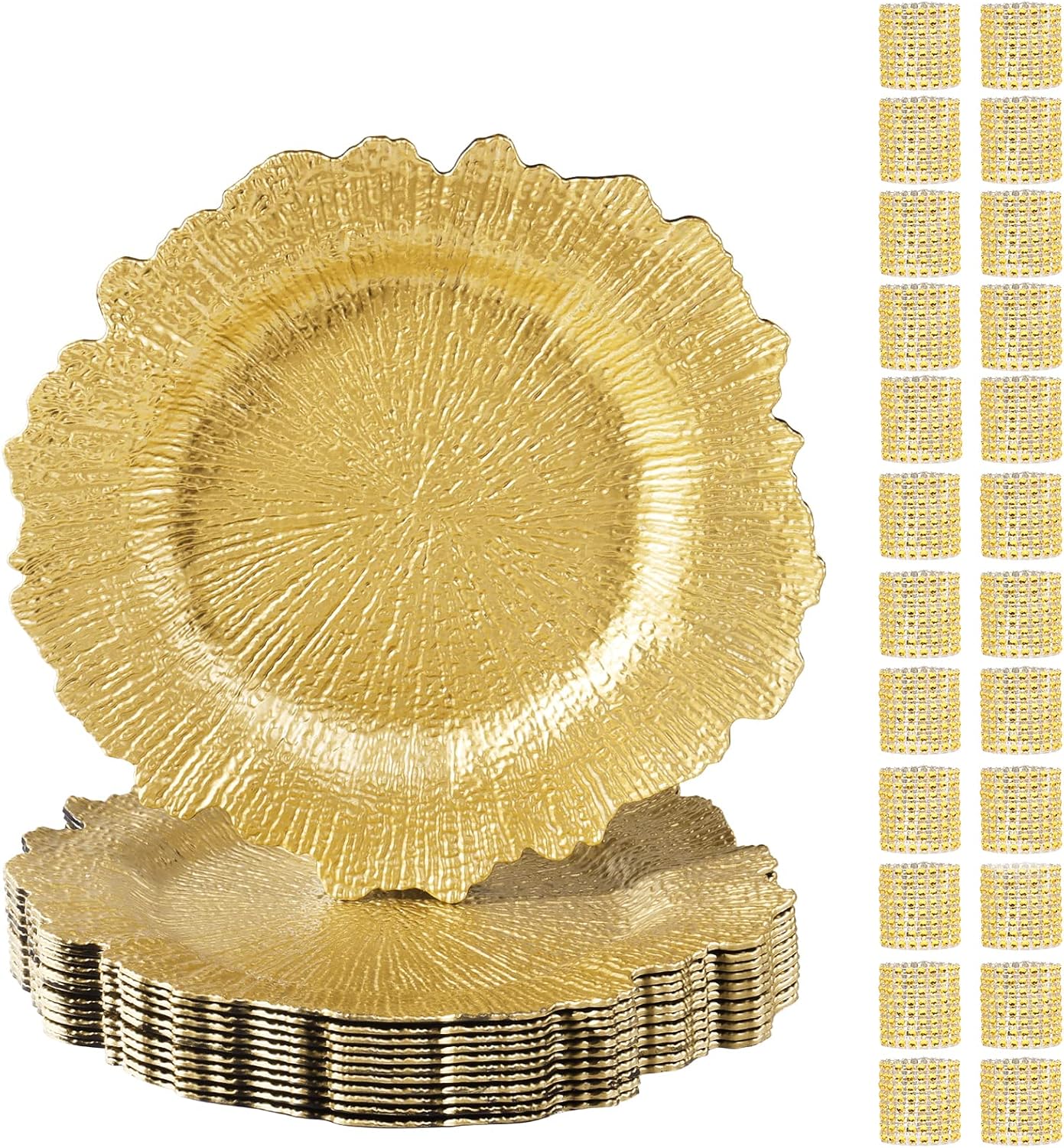 Charger Plates Set of 12 and 24 Pack Napkin Rings, Plastic Snowflake