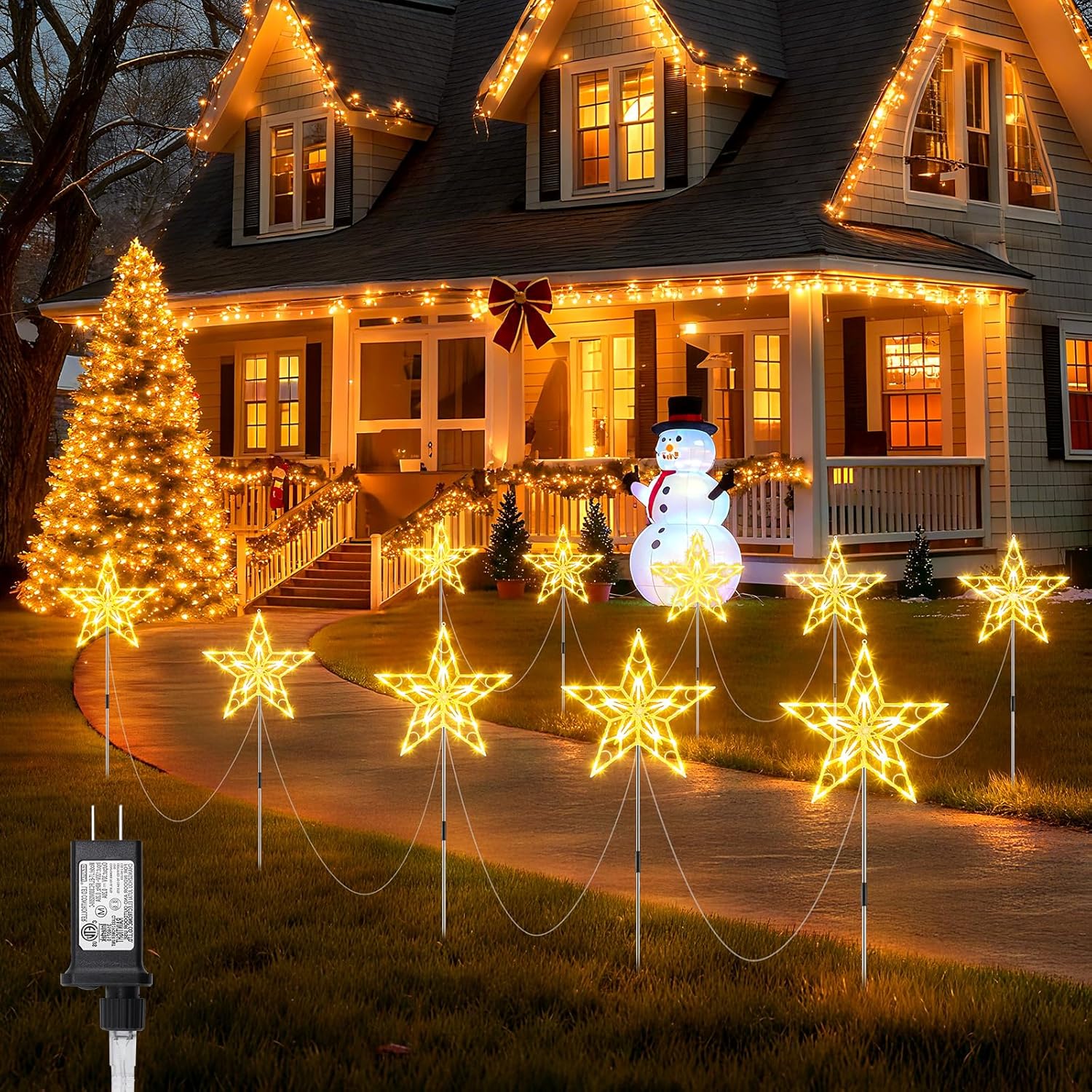 brightown pathway lights outdoor christmas decorations, 2 set total 20-pack large waterproof stake decorative light for outside sidewalk yard lawn path walkway driveway marker stake, warm white warm white lights 20 pack