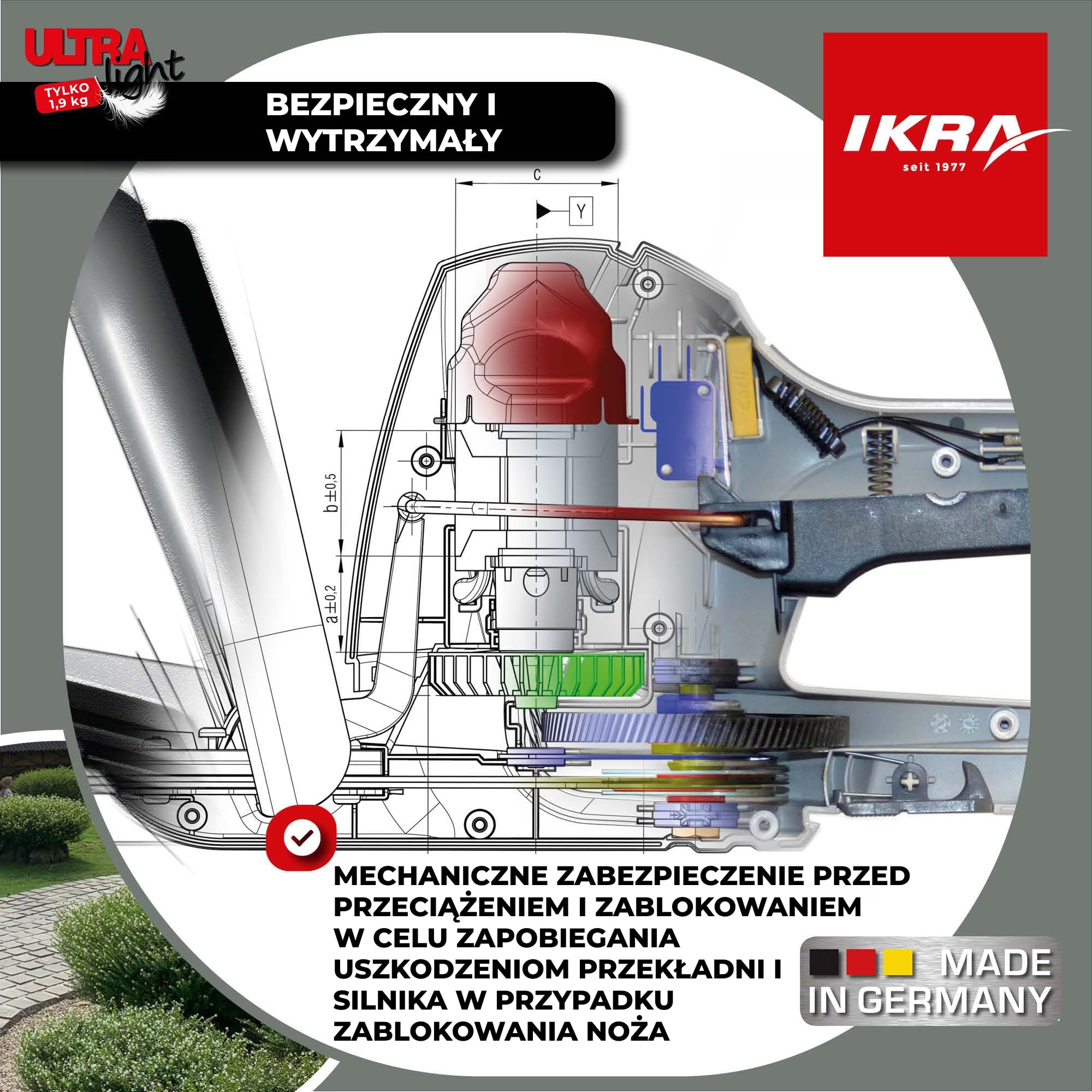 IKRA Nożyce elektryczne do żywopłotu 500W ultralekkie 1,9 kg | Długość cięcia 45 cm, ochrona przed przeciążeniem i blokadą, lekka konstrukcja dla większego komfortu
