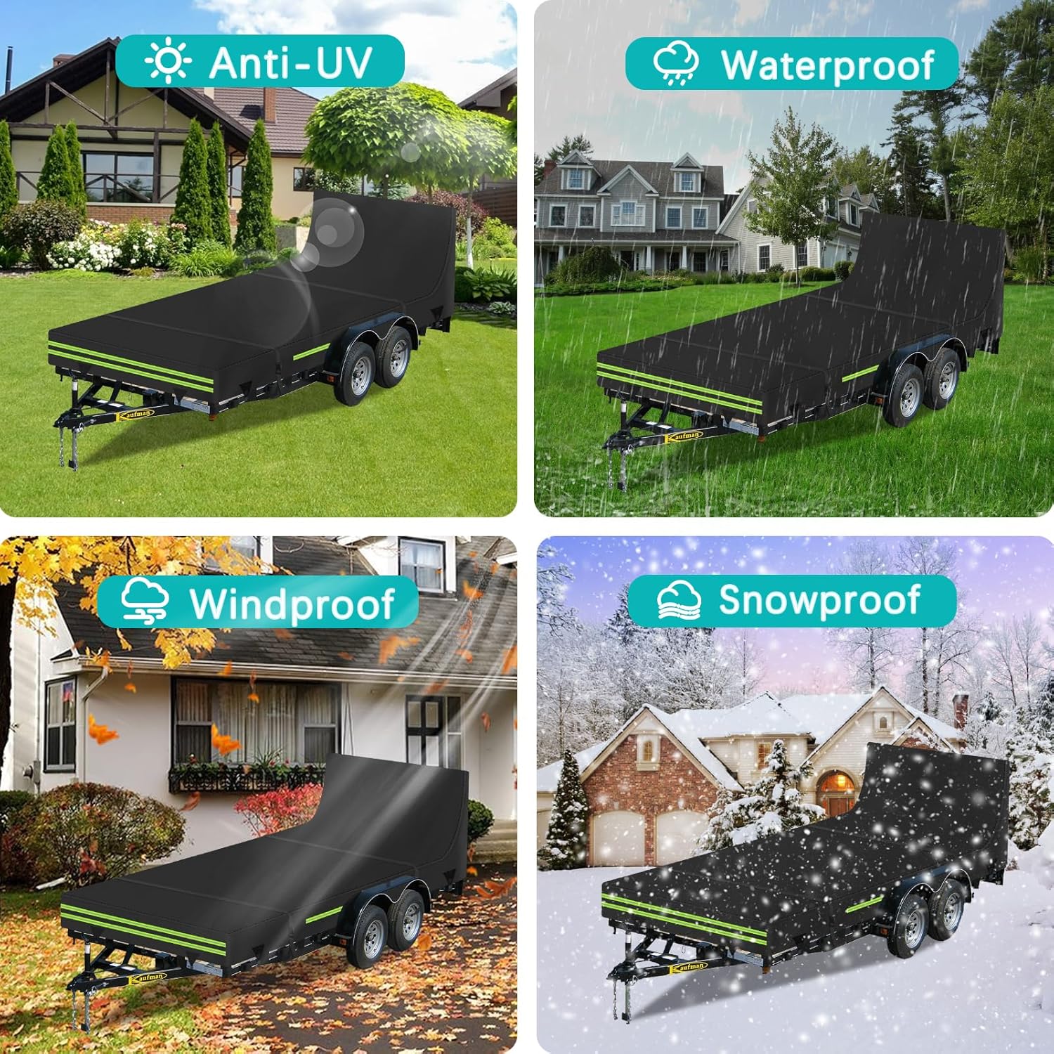 Utility Trailer Cover,600D Oxford Waterproof Full Cover Sun/Rain/Dust/Snow,Protection Utility Trailer Cover with 4 Bayonet Straps Reflective Strips Fits 5 x 8 FT Trailers