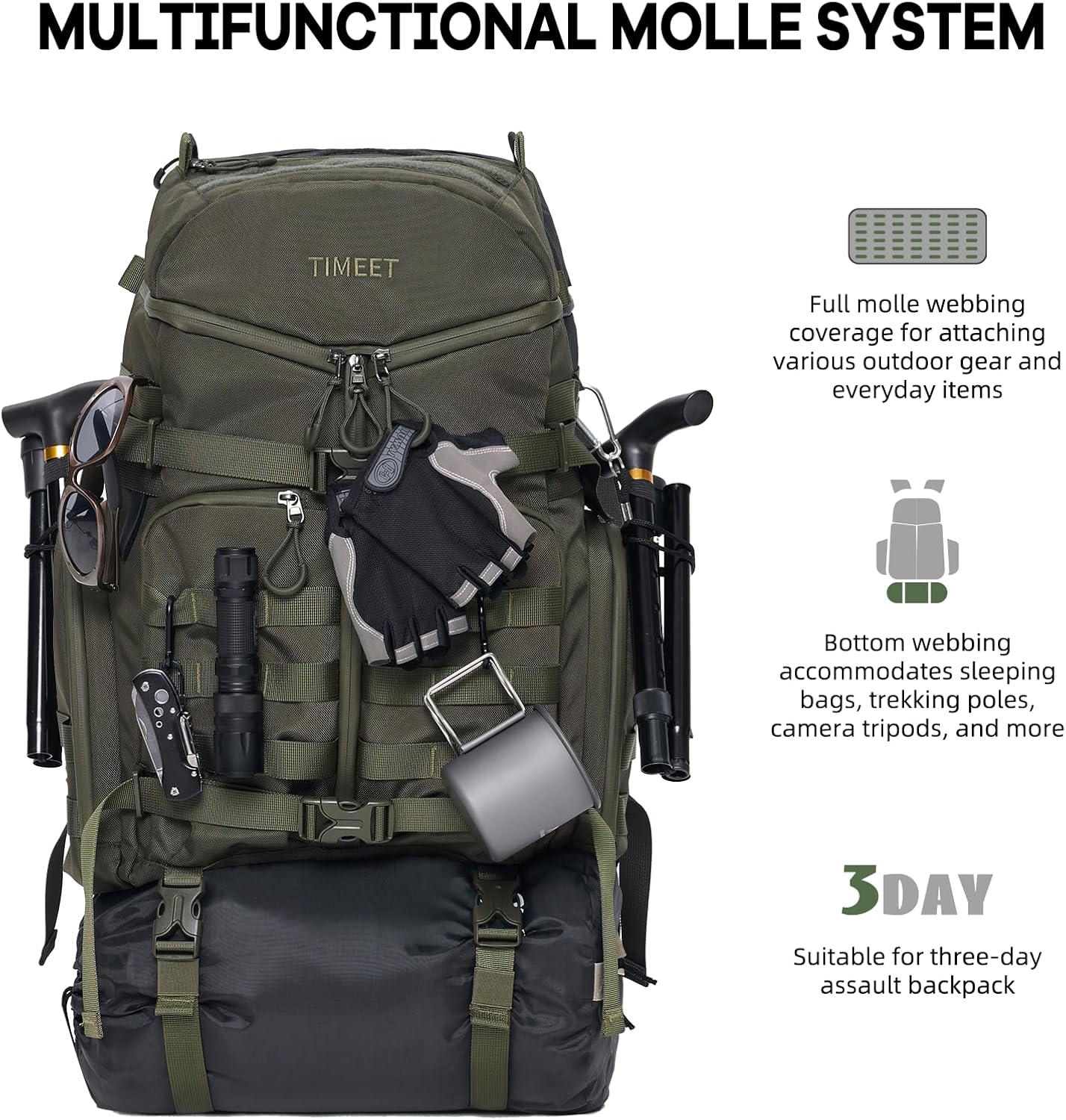 Timeet Tactical Backpack Hiking Backpack: 3-Zip Wide-Opening Design Military Backpack - Large Capacity Molle Tactical Gear - Water-Resistant Tactical Bag 3 Day Assault Pack (Army Green, 22 Inch)