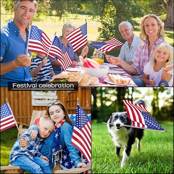 50 Pack 8 x 12 Inch Small American Flags on Stick Mini Handheld Flag Bulk