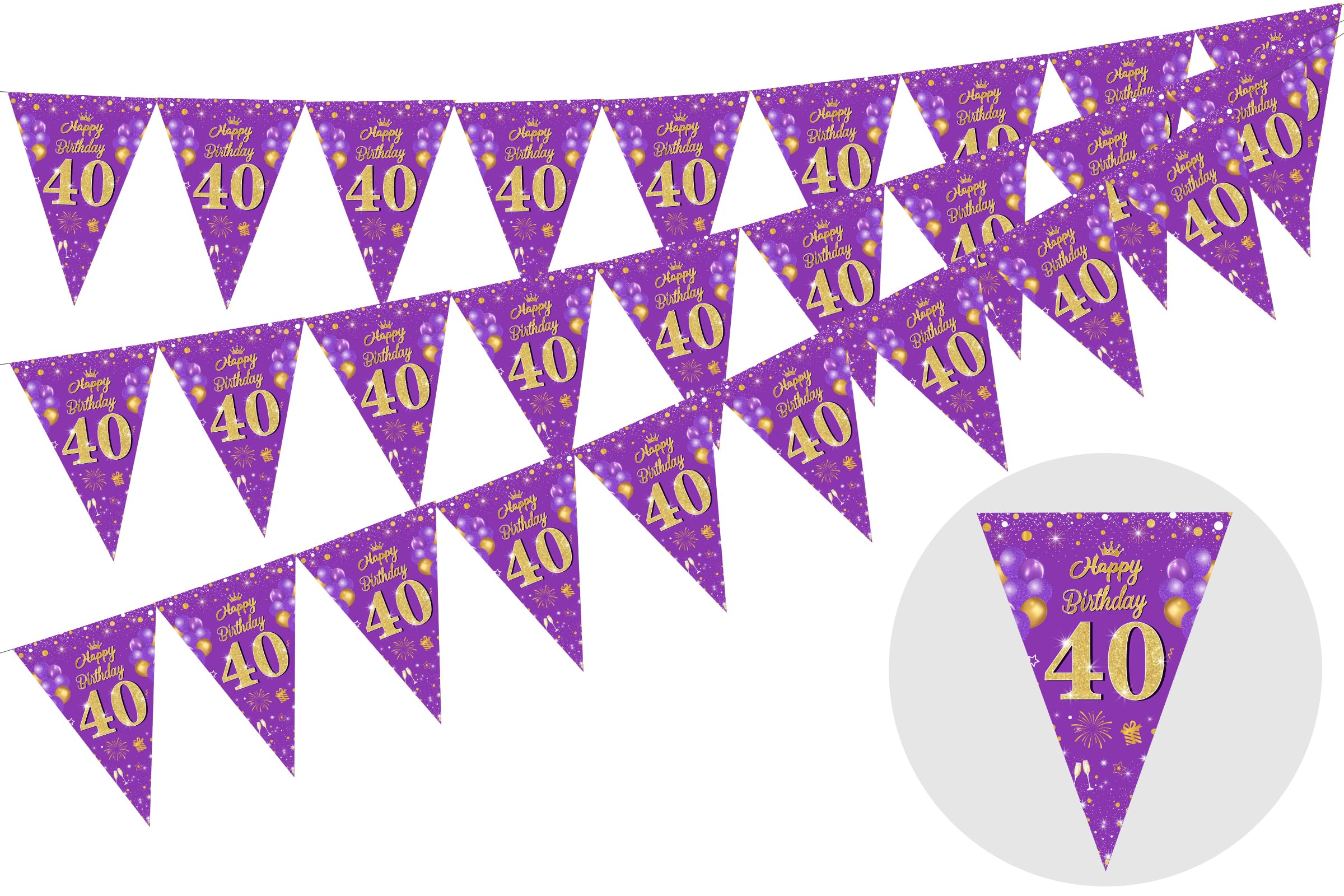 Confezione Da 3 Bandierine Per 40° Compleanno, 36 Bandierine Triangolari Viola e Oro, Decorazioni Per 40° Compleanno, Bandierine Per Compleanno Da Donna, Forniture Per Feste a Tema Anniversario