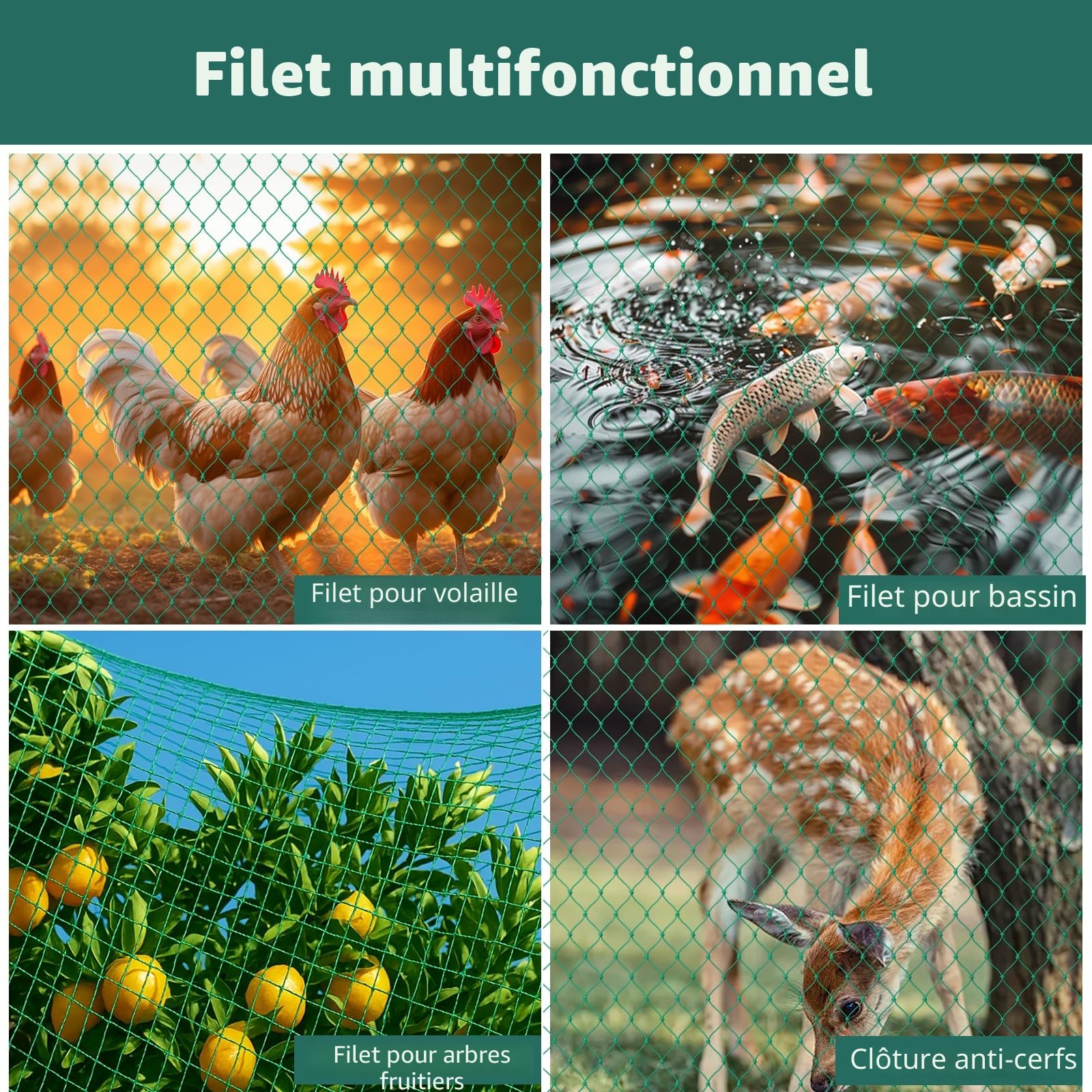 Filet Anti Oiseaux, Filet Poules, Filets pour Jardin, Filet à Volaille, Protection des Fruits, Maille 4 cm, Résistant aux UV, Robuste et Réutilisable (36 Fils-1.5m*20m)