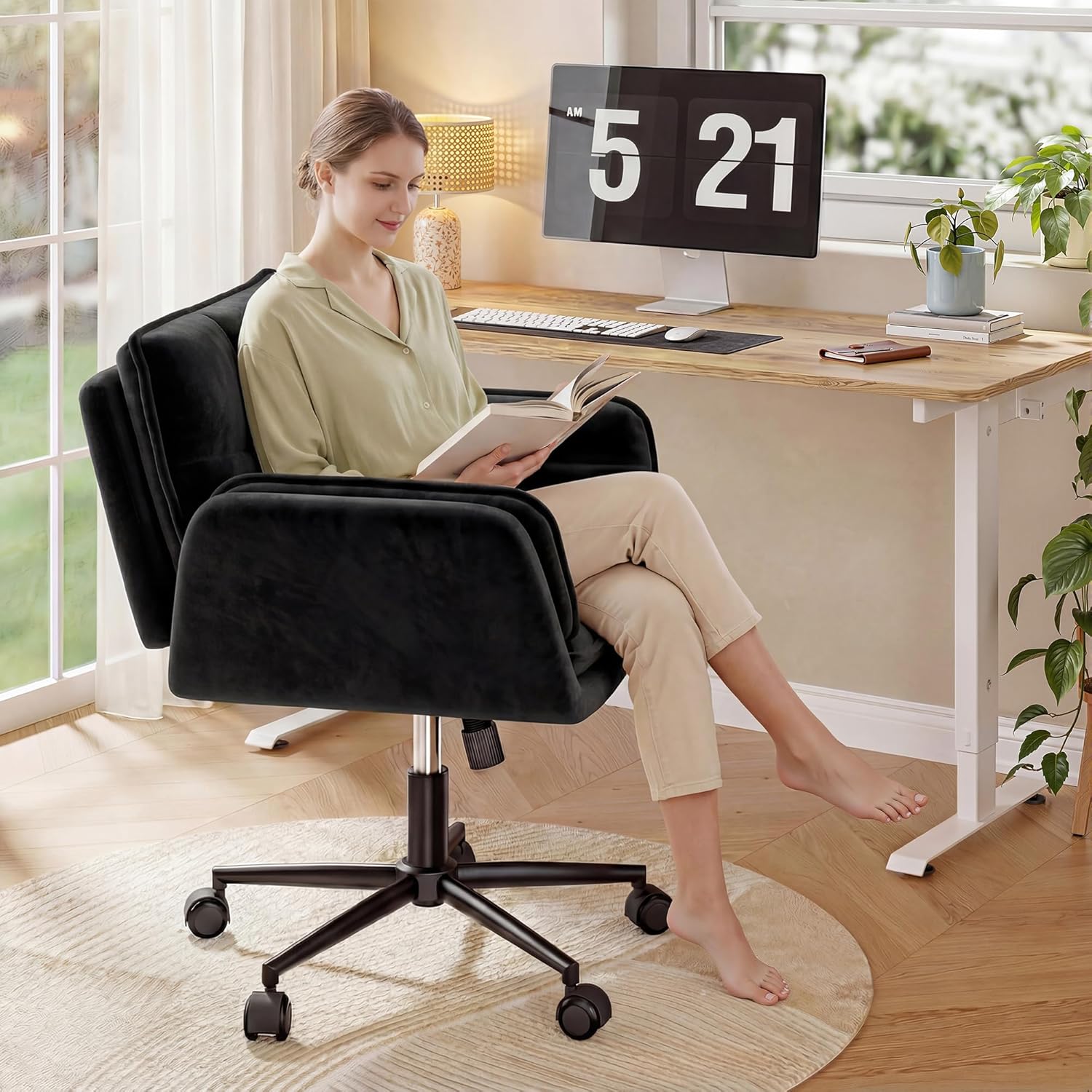 Criss Cross Chair with Wheels, Ergonomic Office Chair with Flip Armrests for Pets, Vanity Chair for Bedroom, Makeup Room and Office Room, Black
