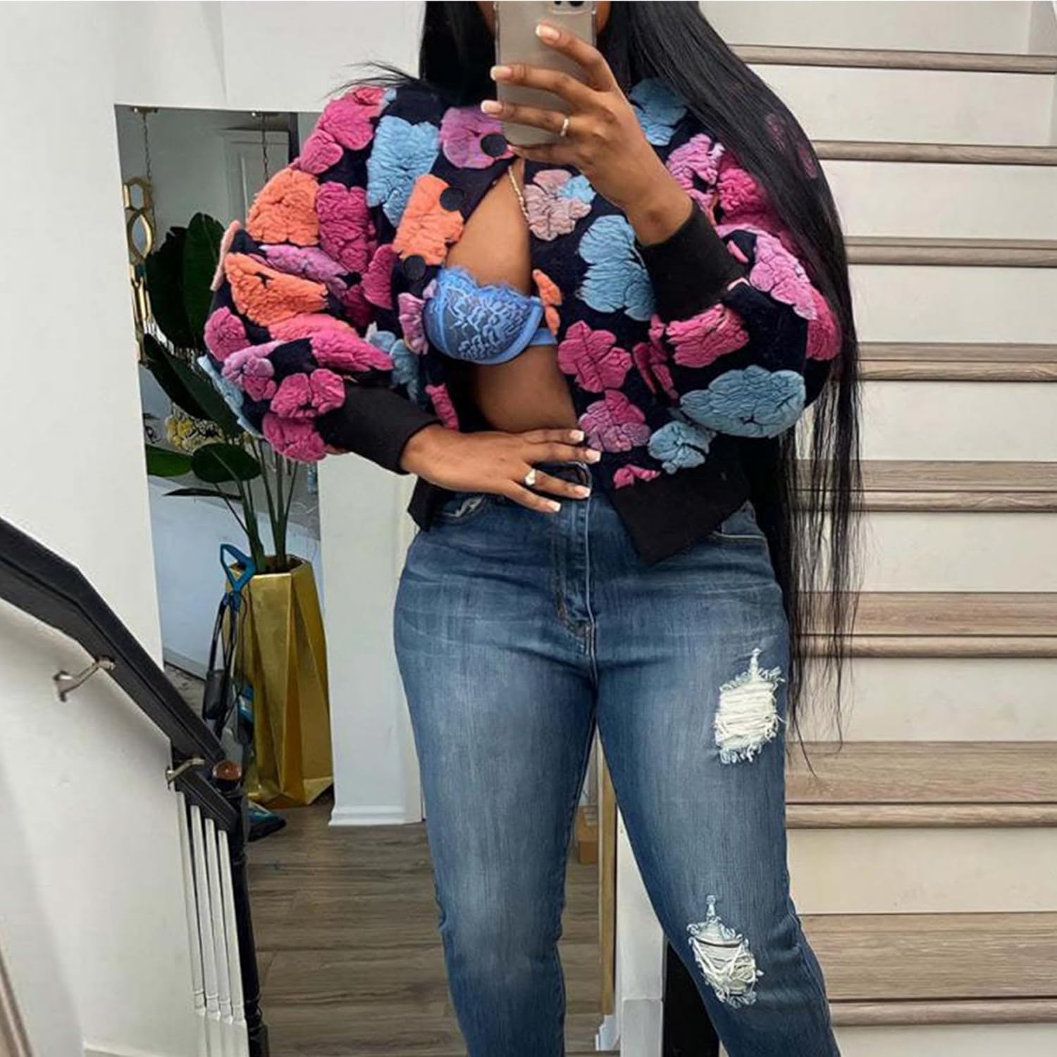 OPCAKM Women's Cropped Floral Print Shacket Jackets Round Neck Long Sleeve Bomber Coat Outerwears - Image 5