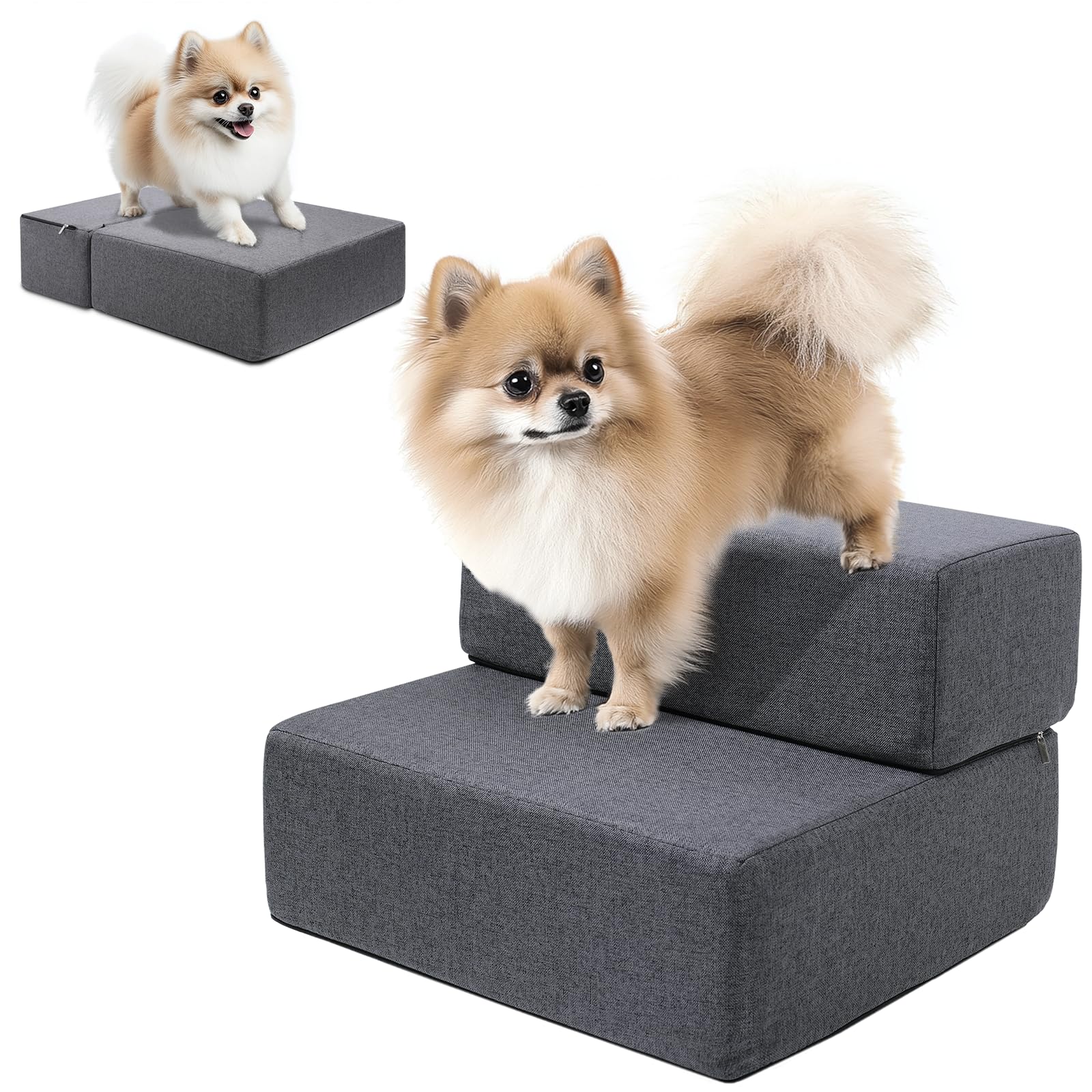 Rampa de Escalera para Perros para Camas y sofás, escalones modulares Plegables para Perros pequeños, diseño Antideslizante y Duradero con Funda Lavable, Color Gris (1 Juego)