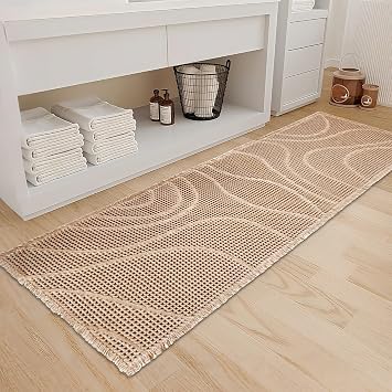 ZALL Tan Waffle Bath Mat Wavy,Super Absorbent Non Slip Bathroom Rug, Brown 24x72inch, Machine Washable Ultra Soft Floor Mats