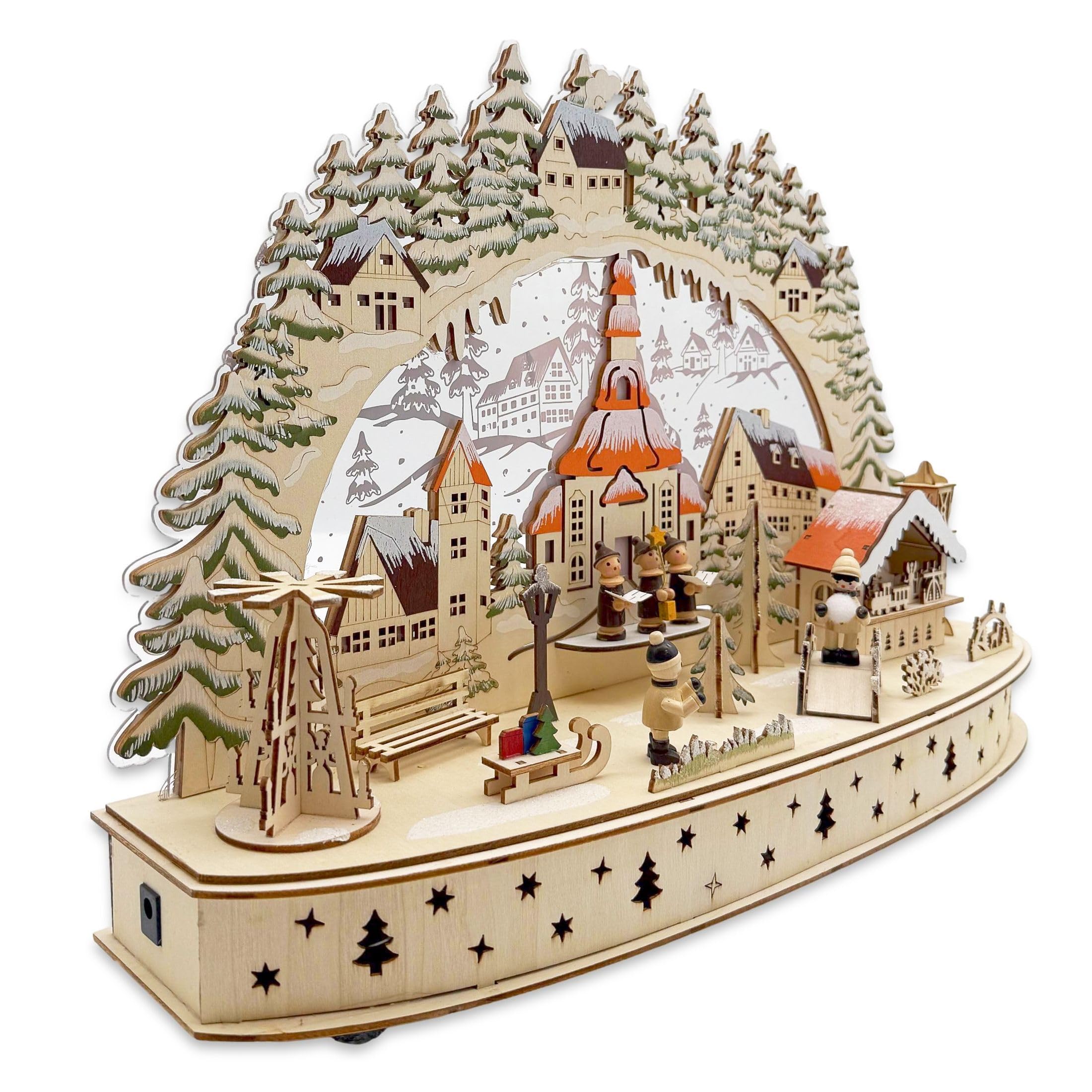 Wichtelstube-Kollektion LED Schwibbogen Seiffener Kirche Weihnachtsmarkt Winterlandschaft, Lichterbogen indirekt beleuchtet Schwippbogen Echtholz beidseitig bemalt