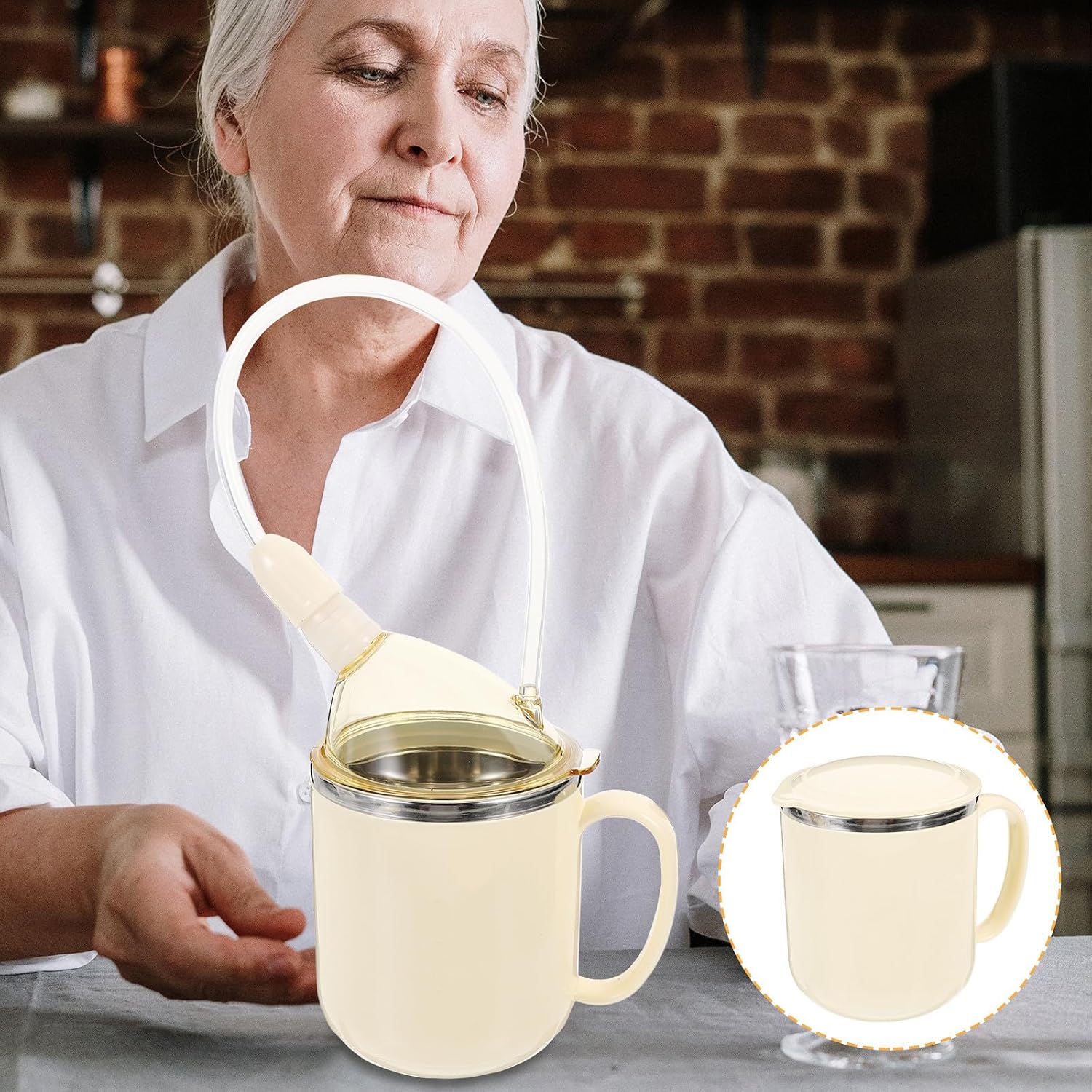 Disabled Elder Drinking Cup 350ml Stainless Steel with Lid and Straw