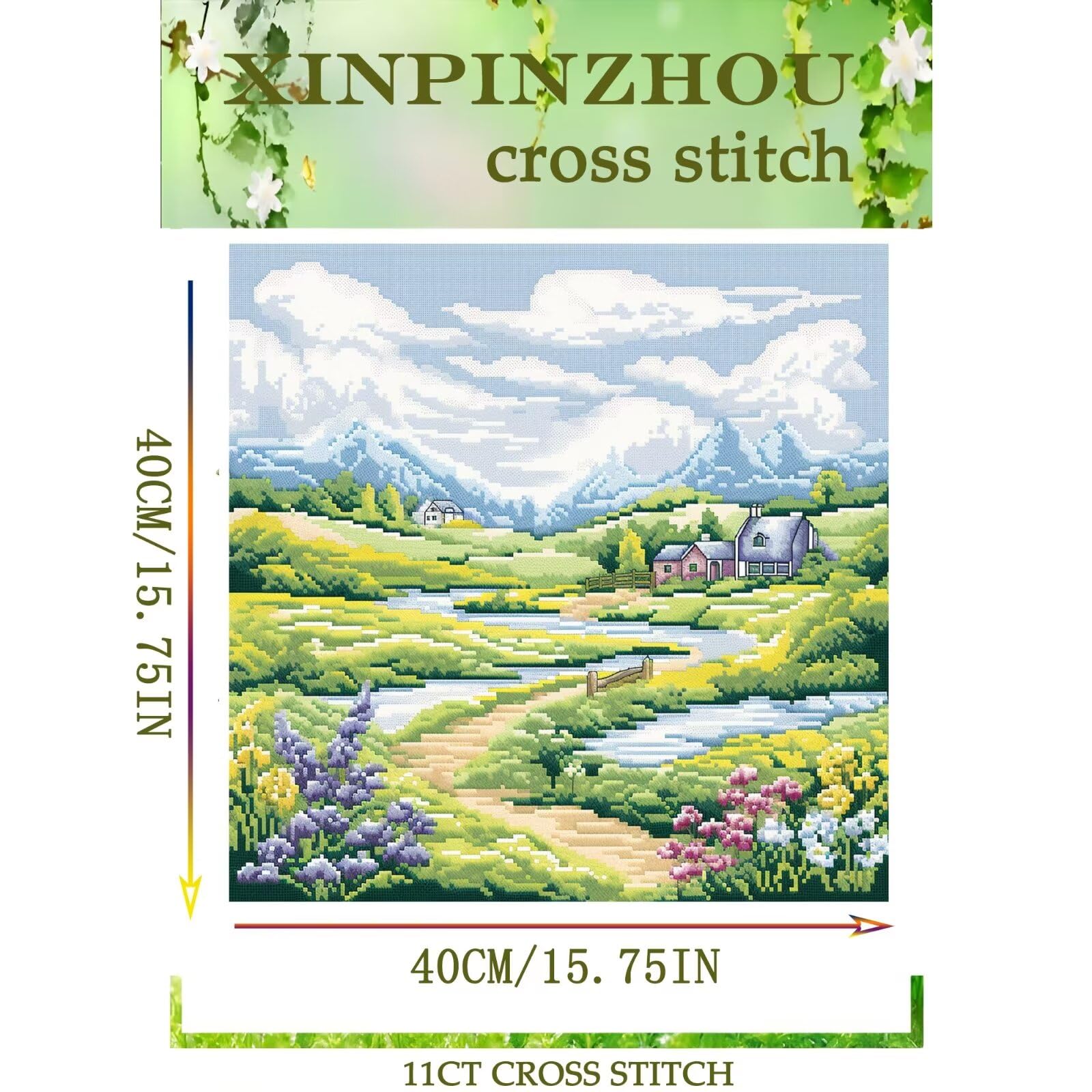 Xinpinzhou Village Landscape 11ct Cross Stitch Kits, 11 CT Funny Pre Printed Counted Stamped Cross Stitch Embroidery Needlepoint Patterns Kits for Beginners Adults Crossstitch 40x40 cm