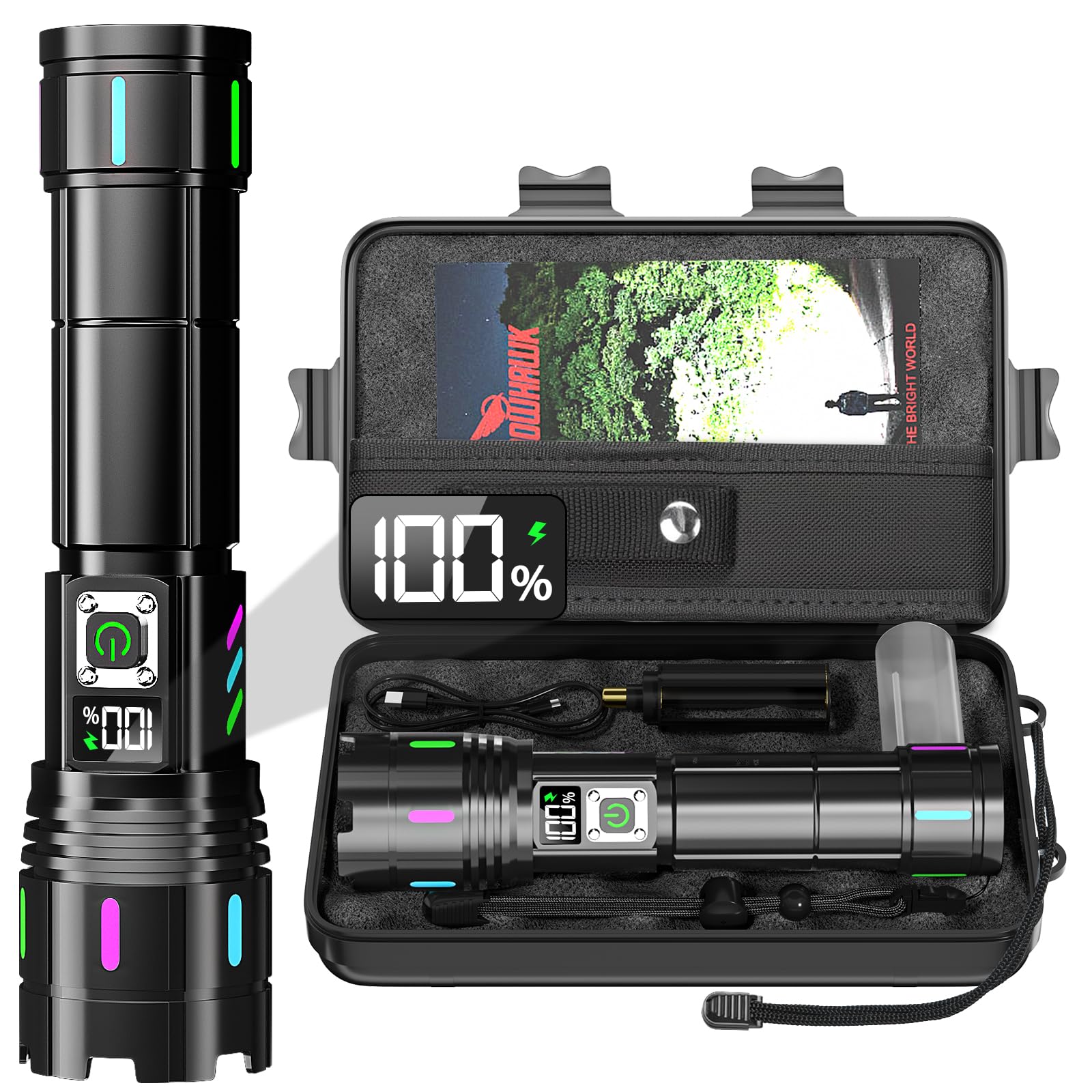 Shadowhawk Torch Light High Power Rechargeable 10000 Lumens - 30W LED Flashlight with LCD Display | Long Range 2km & 12H Long Lasting USB C Powerful Waterproof Torches for Camping/Trekking/Emergency