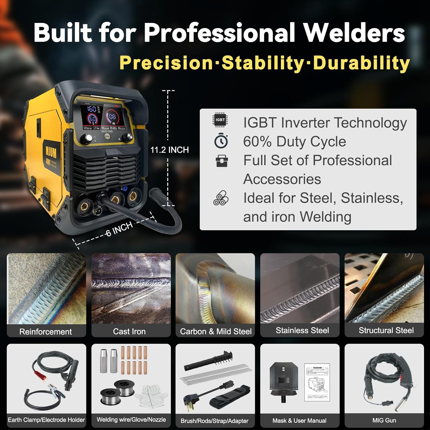 160A 4-in-1 AI Welding Machine: Dual Voltage 110V/220V Gas MIG/Flux Core/Lift TIG/Stick Welder – Smart Synergic Control IGBT Inverter HD LED Display for Home Repair Auto Restoration Metal Fabrication